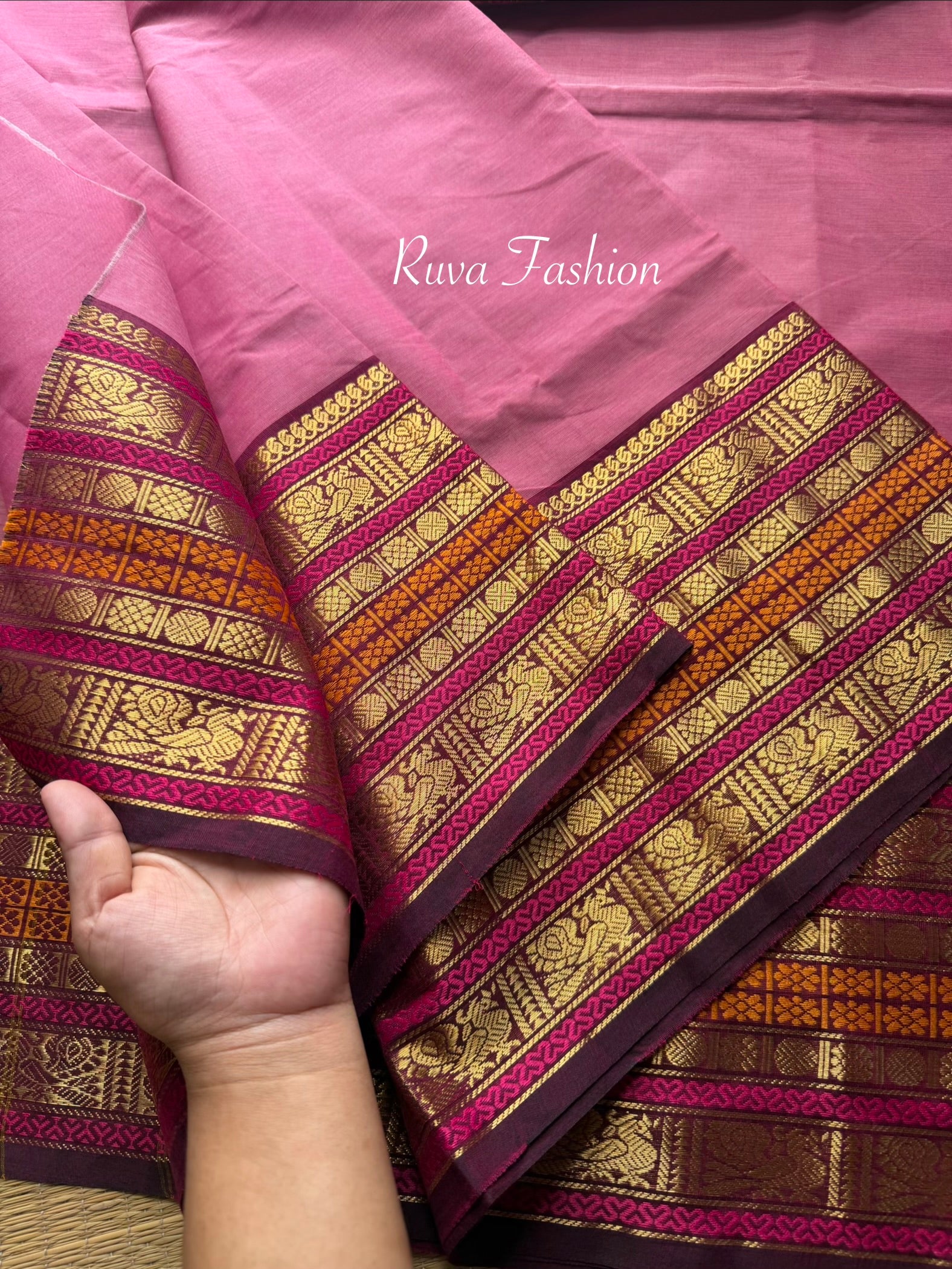 RF112 Pastel Pink Shade With Contrast Brown Varisaipet pet border Kanchi cotton saree