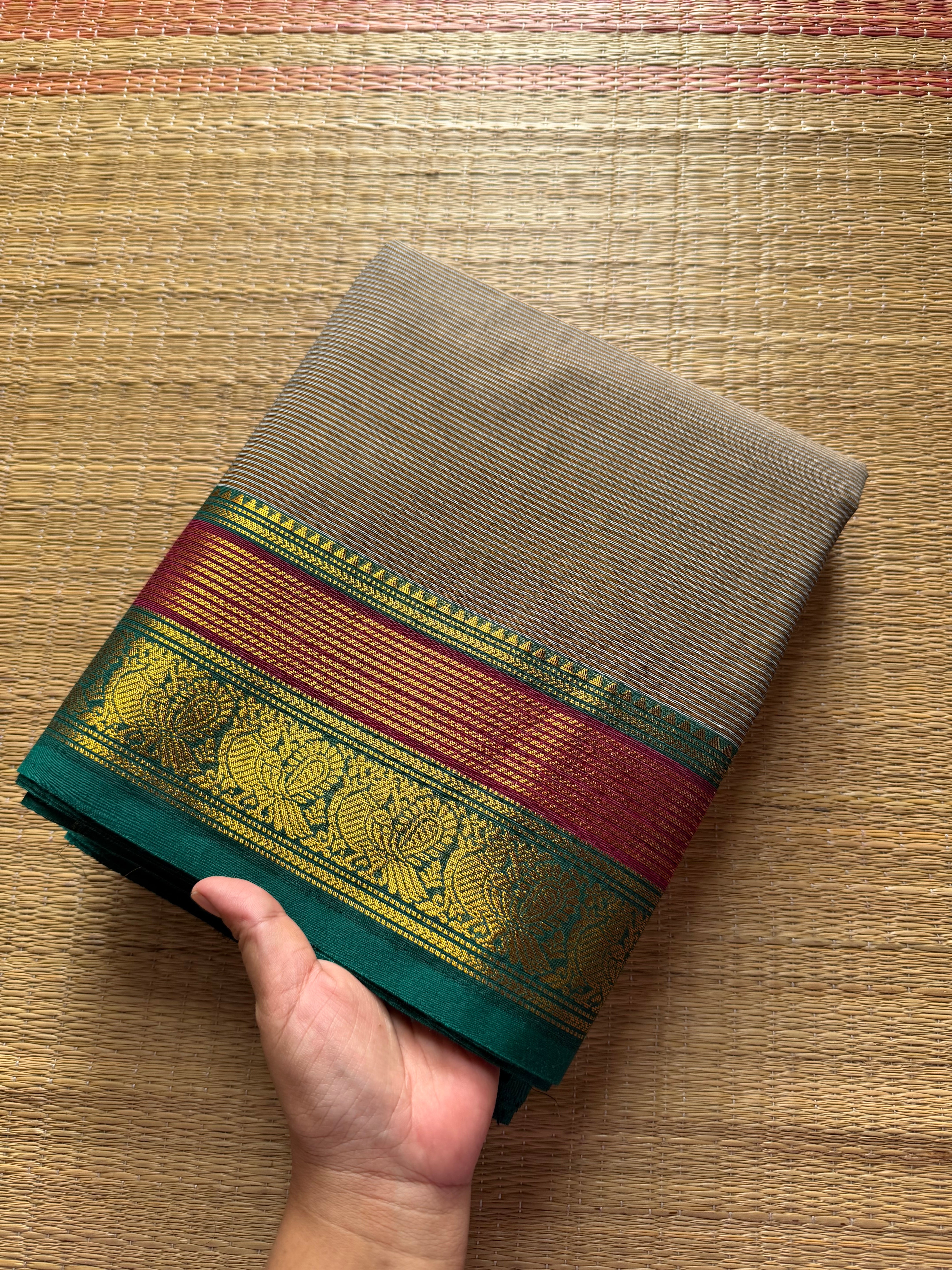 RF473 Grey Kanchi cotton saree with horizontal small stripped pattern and unique multi color peacock pattern Zari border