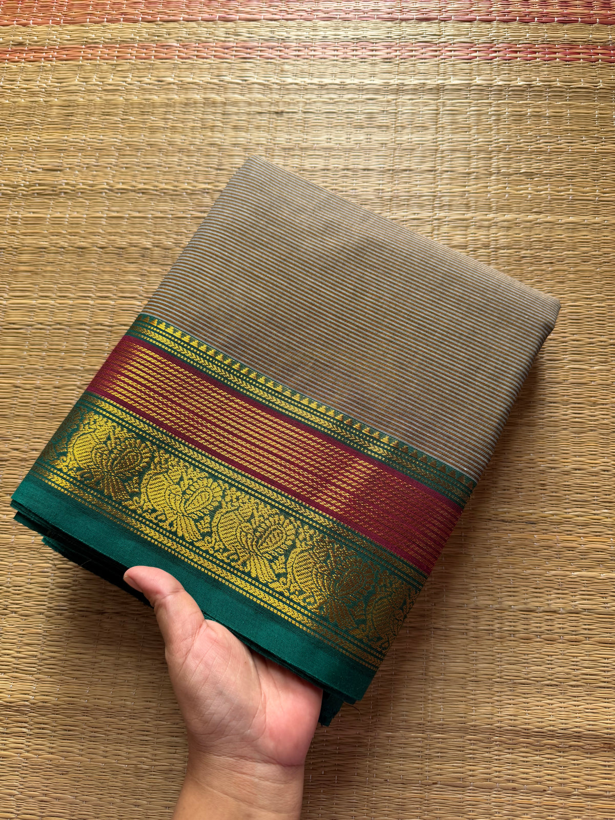 RF473 Grey Kanchi cotton saree with horizontal small stripped pattern and unique multi color peacock pattern Zari border