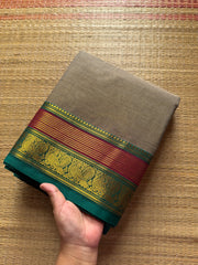 RF473 Grey Kanchi cotton saree with horizontal small stripped pattern and unique multi color peacock pattern Zari border
