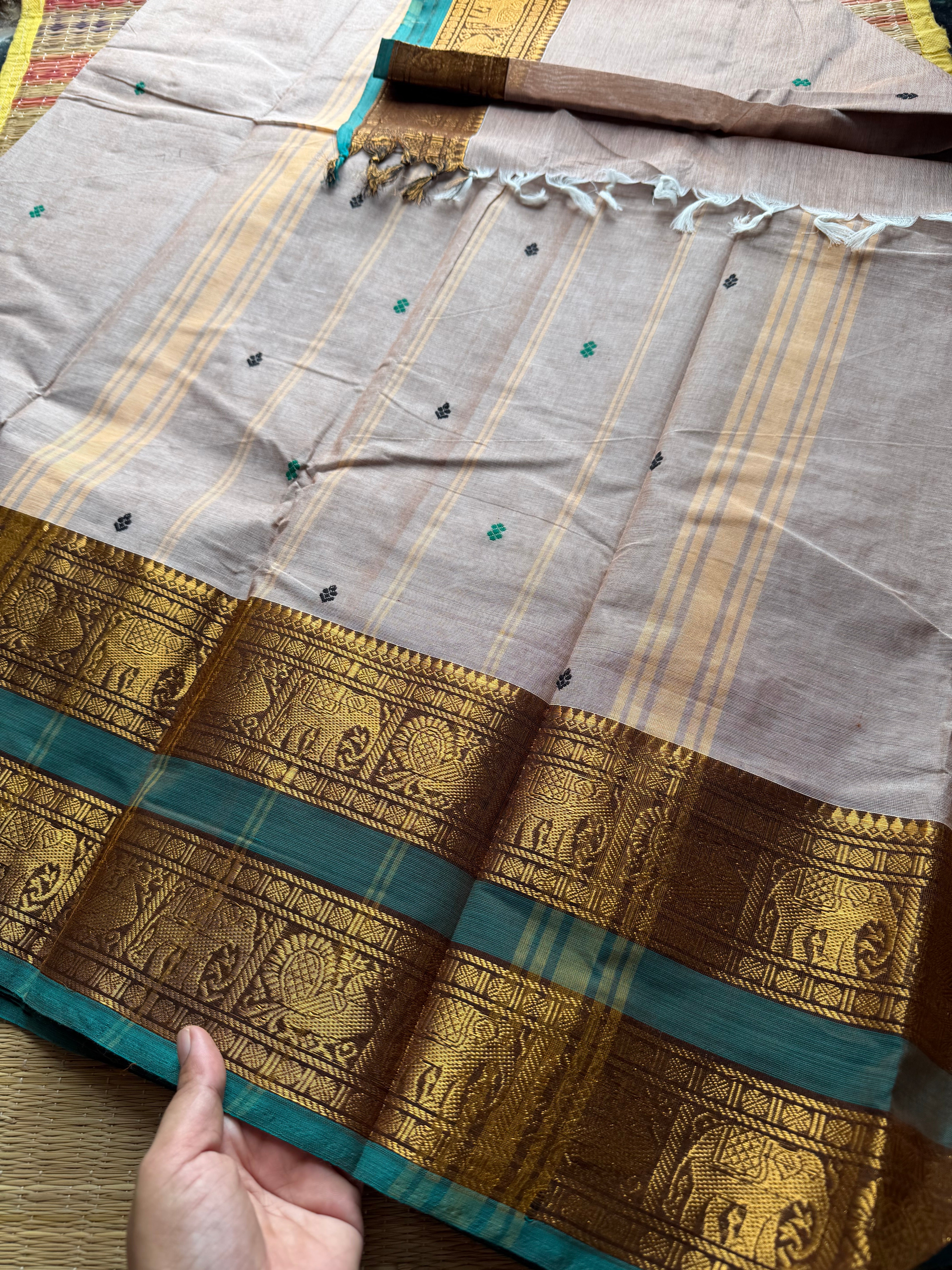 RF412 Dual tone cream shade with green combination Kanchi cotton saree with handmade thread buttas