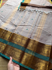 RF412 Dual tone cream shade with green combination Kanchi cotton saree with handmade thread buttas