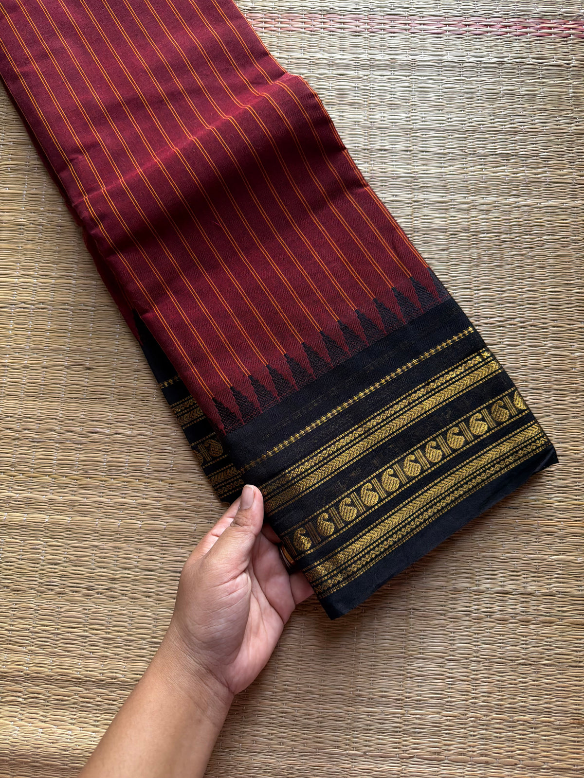 RF1043 Maroon with black combination Kanchi cotton saree with vertical stripes pattern
