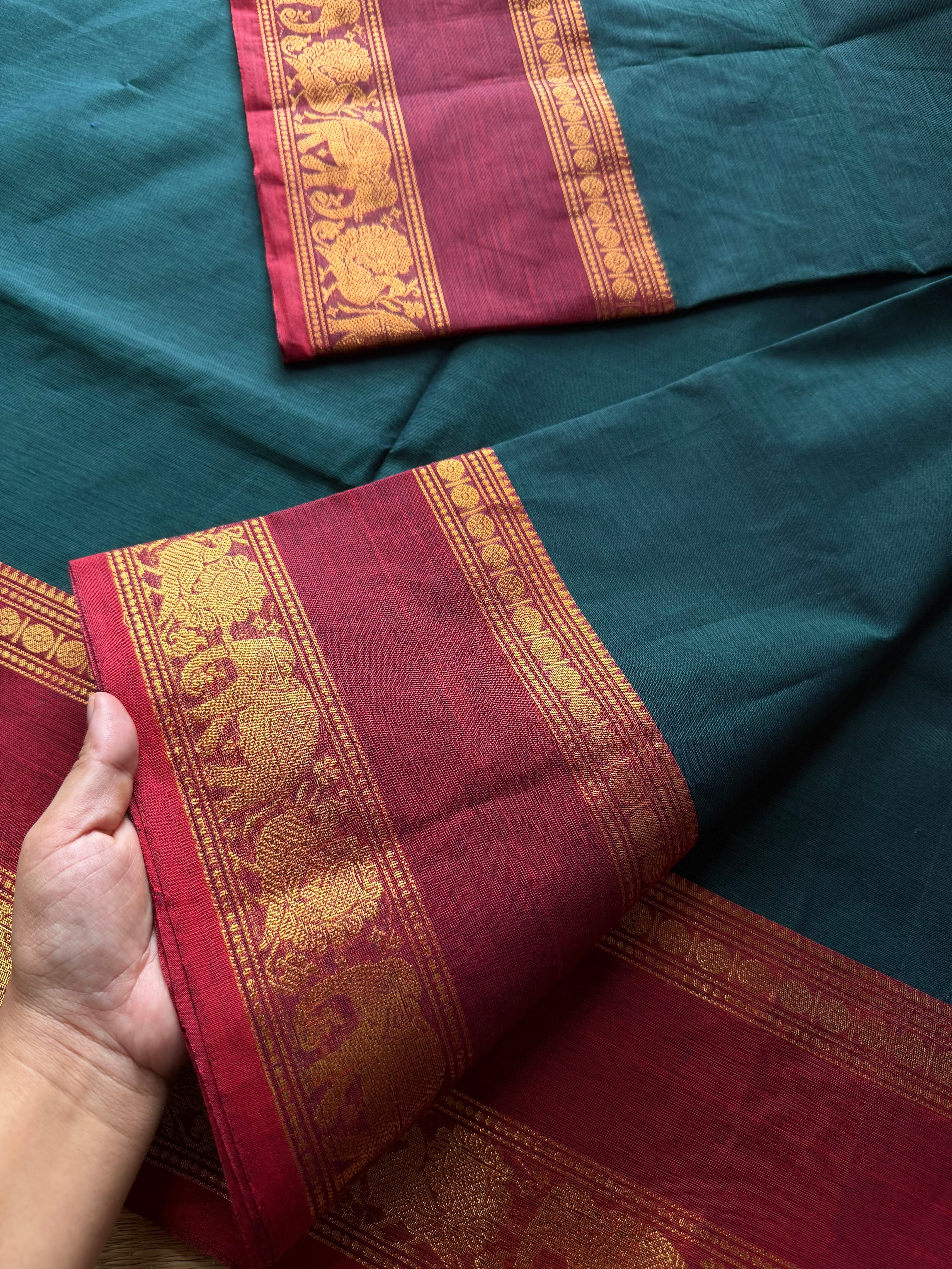 RF518 Dark Teal Green With Maroon Combination Silk Saree Inspired Kanchi Cotton Saree with Annam and elephant pattern