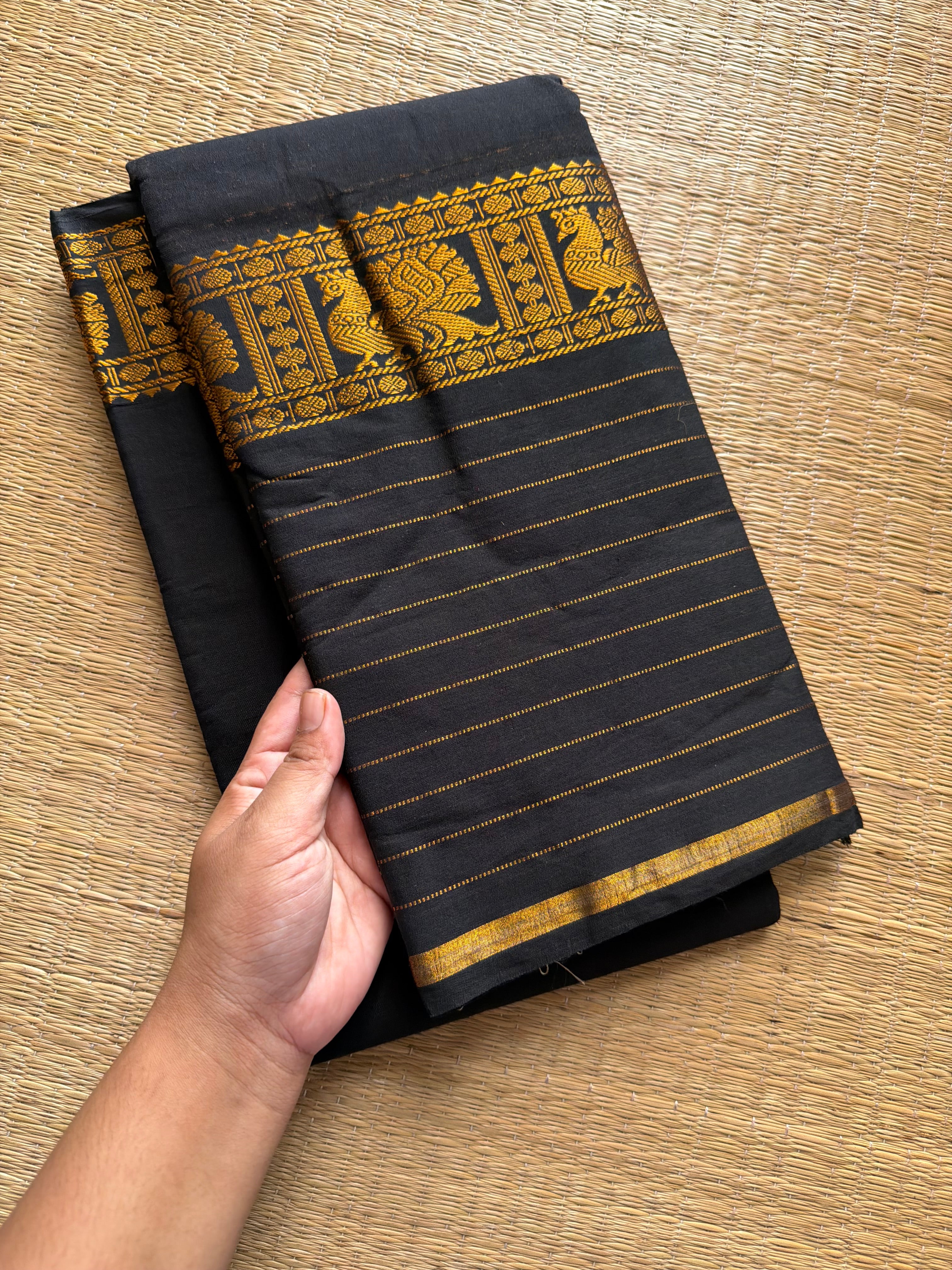 RF616 Monotone black Narayanpet cotton saree with long / big border
