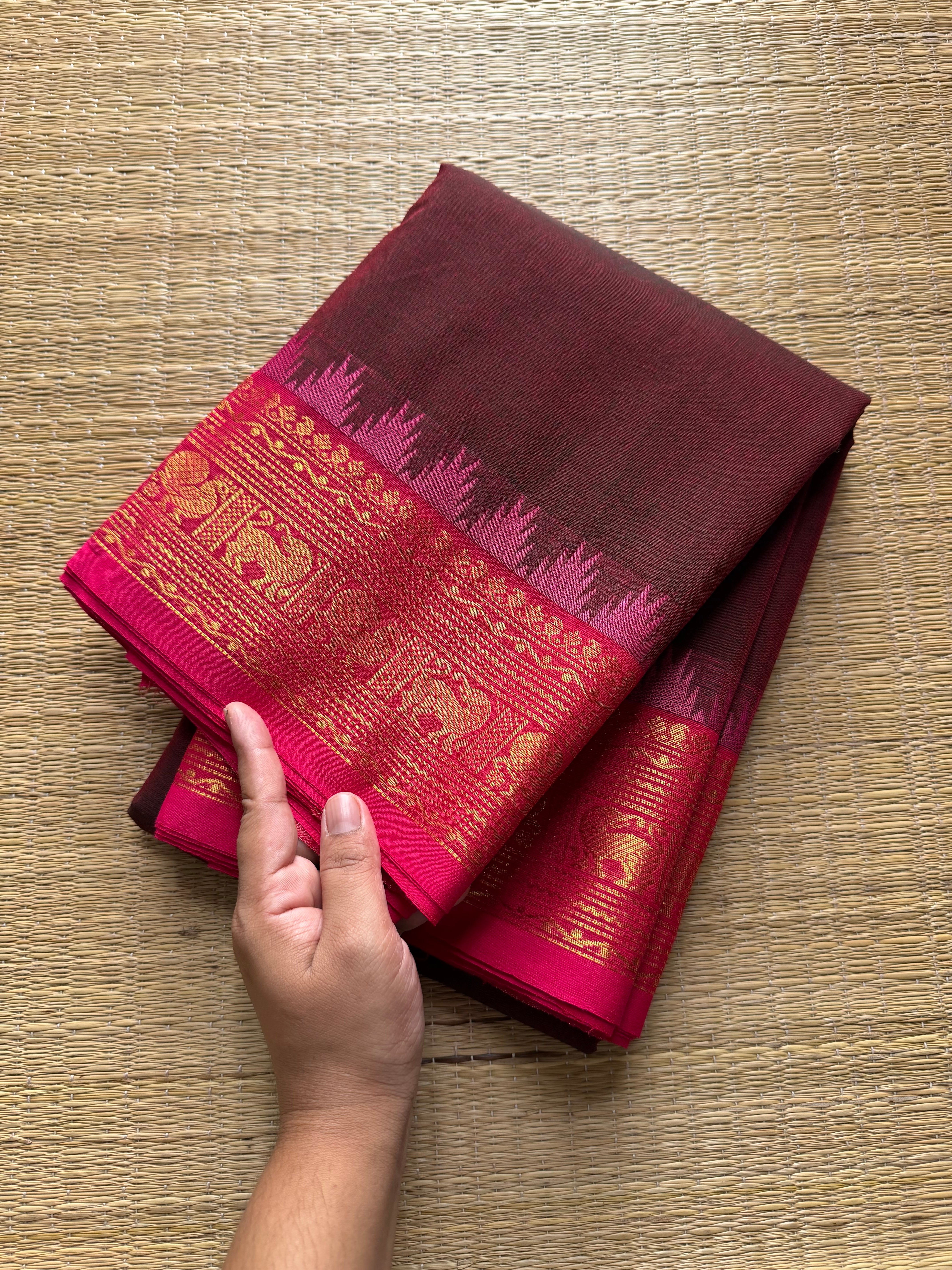 RF280 Maroon Shade Kanchi Cotton Saree With Contrast Pink Annam and Yazhi pattern Zari border
