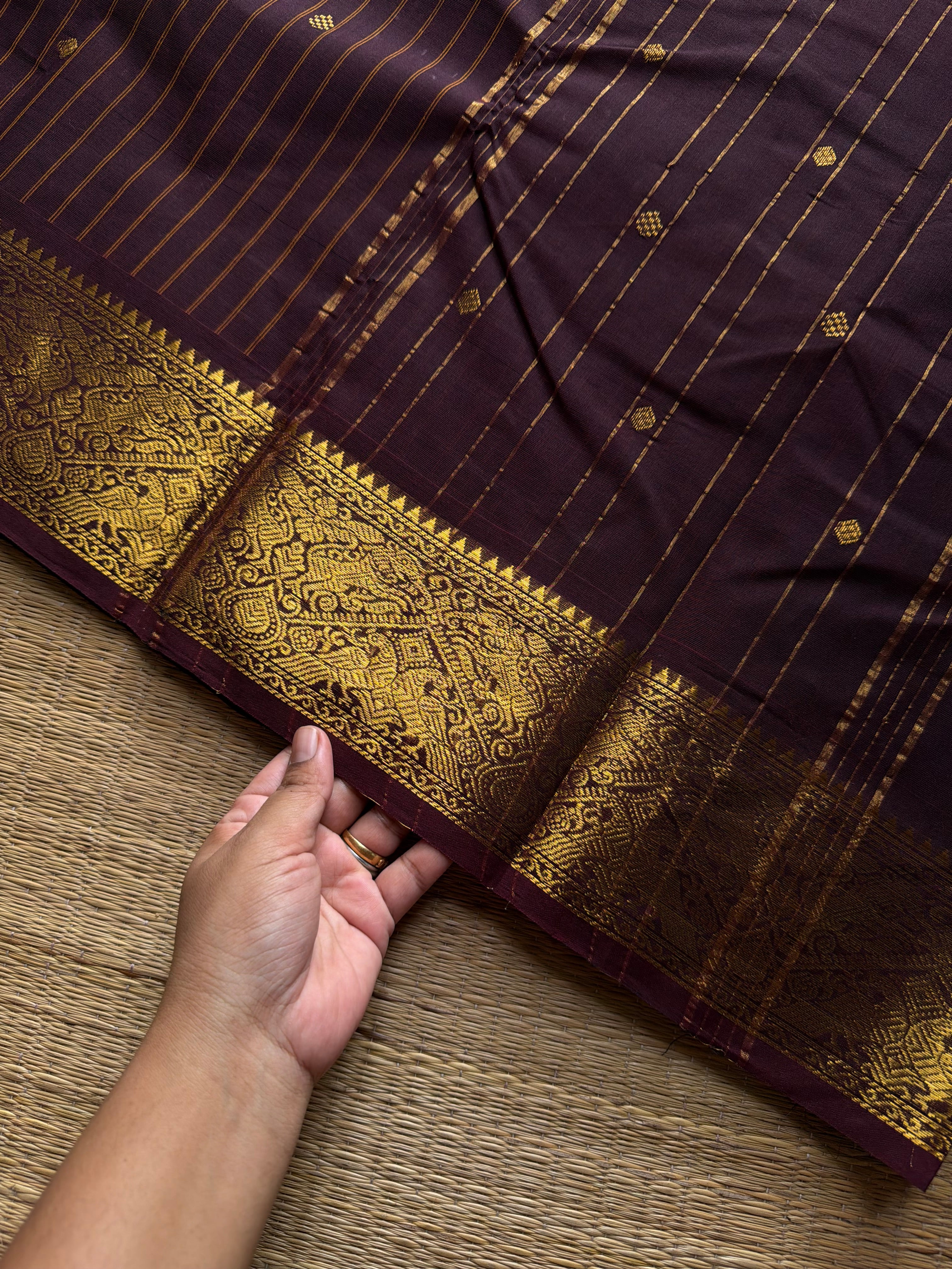 RF1337 Deep coffee brown ~ Premium Kanchi cotton saree with Vanasingaram border and handmade golden zari buttas