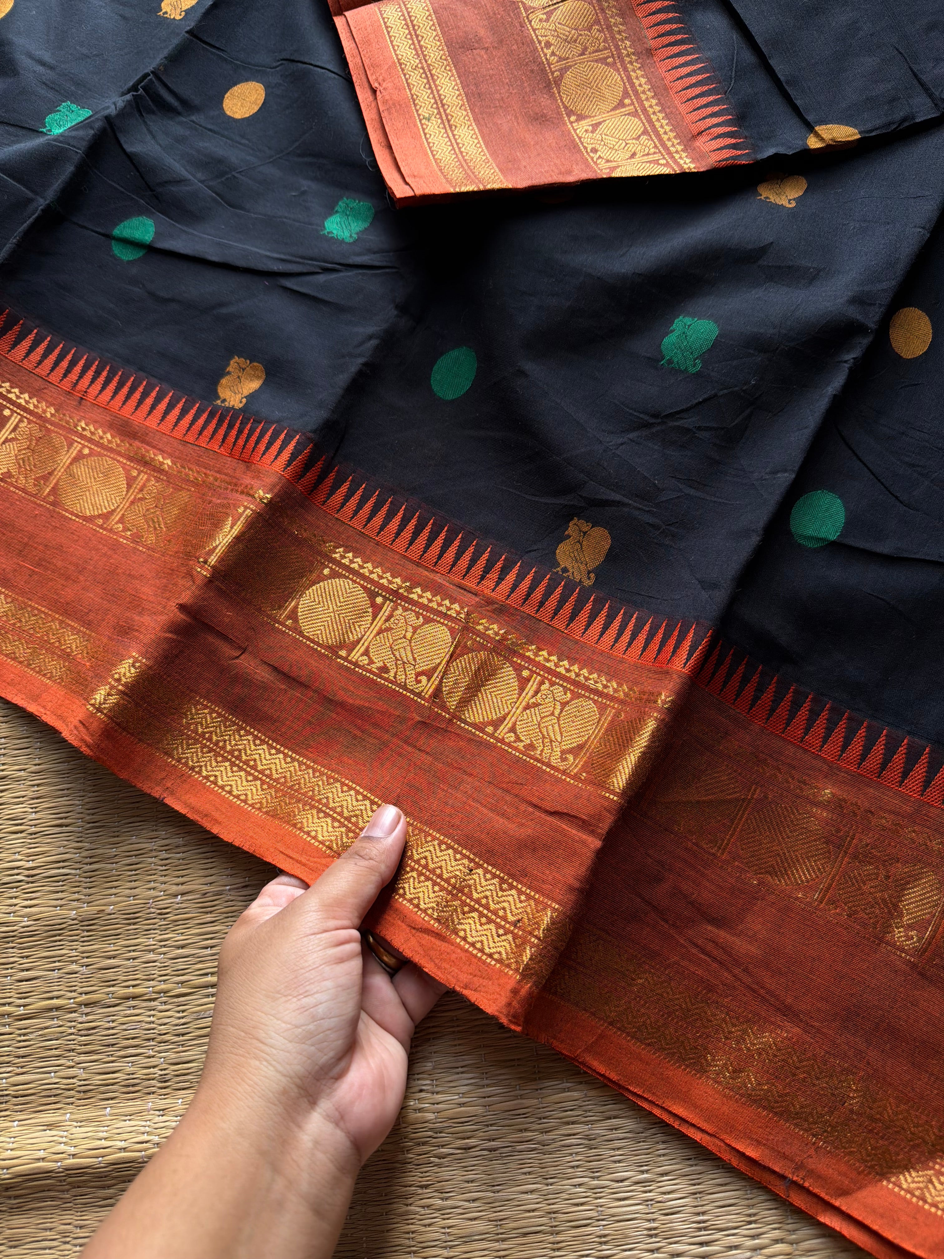 RF1392 Black ~ Premium Rich Pallu Kanchi cotton saree with Annam pattern gap border
