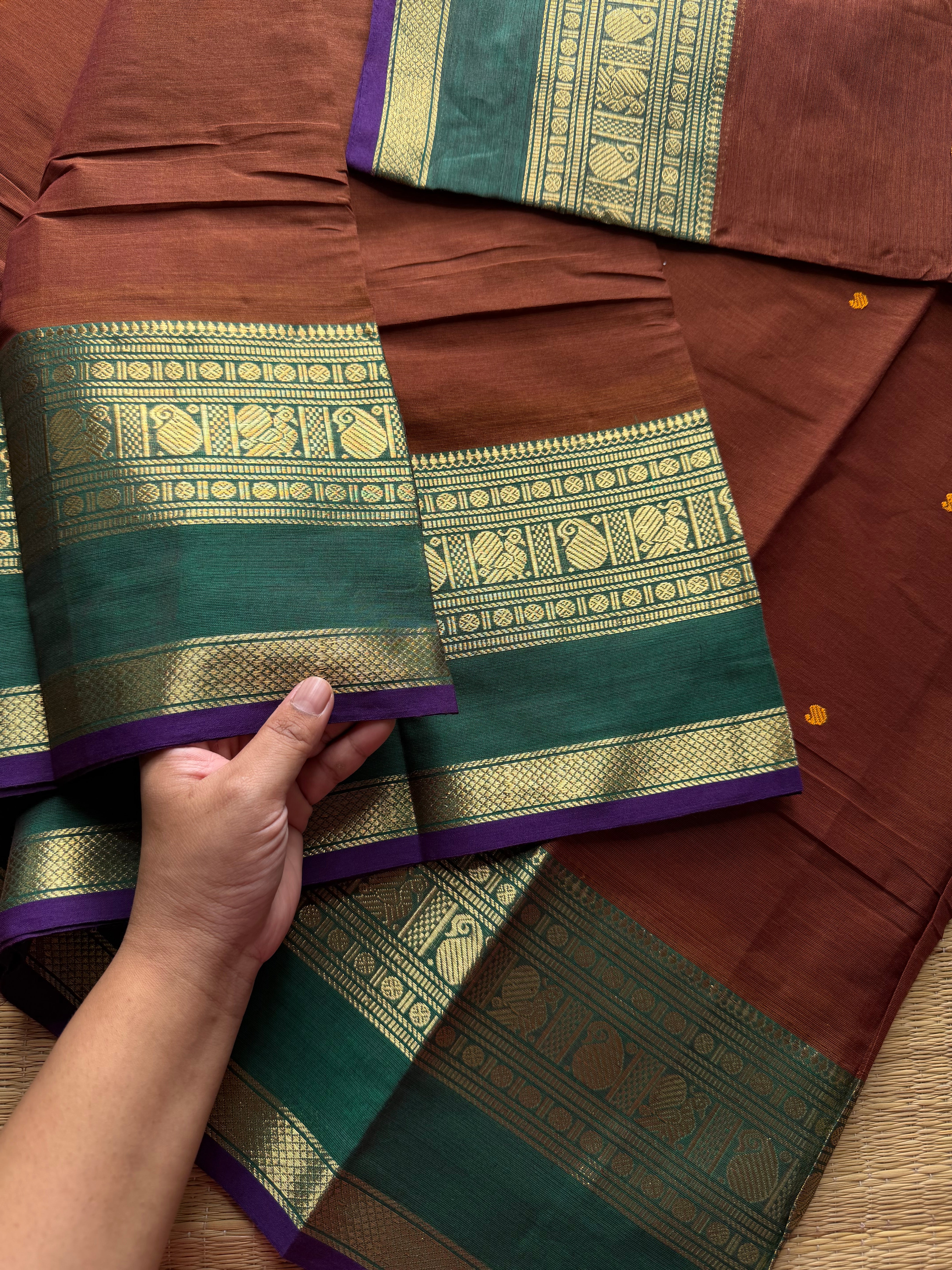 RF513 Honey shade with contrast green and purple combination Kanchi cotton saree with handmade thread buttas