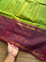 Dual tone Green shade Vintage Border Kanchi Cotton Saree With kattam / checks pattern & handwoven Buttas on the border