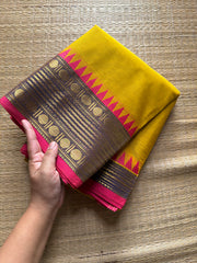 Mustard yellow Kanchi cotton saree unique contrast border