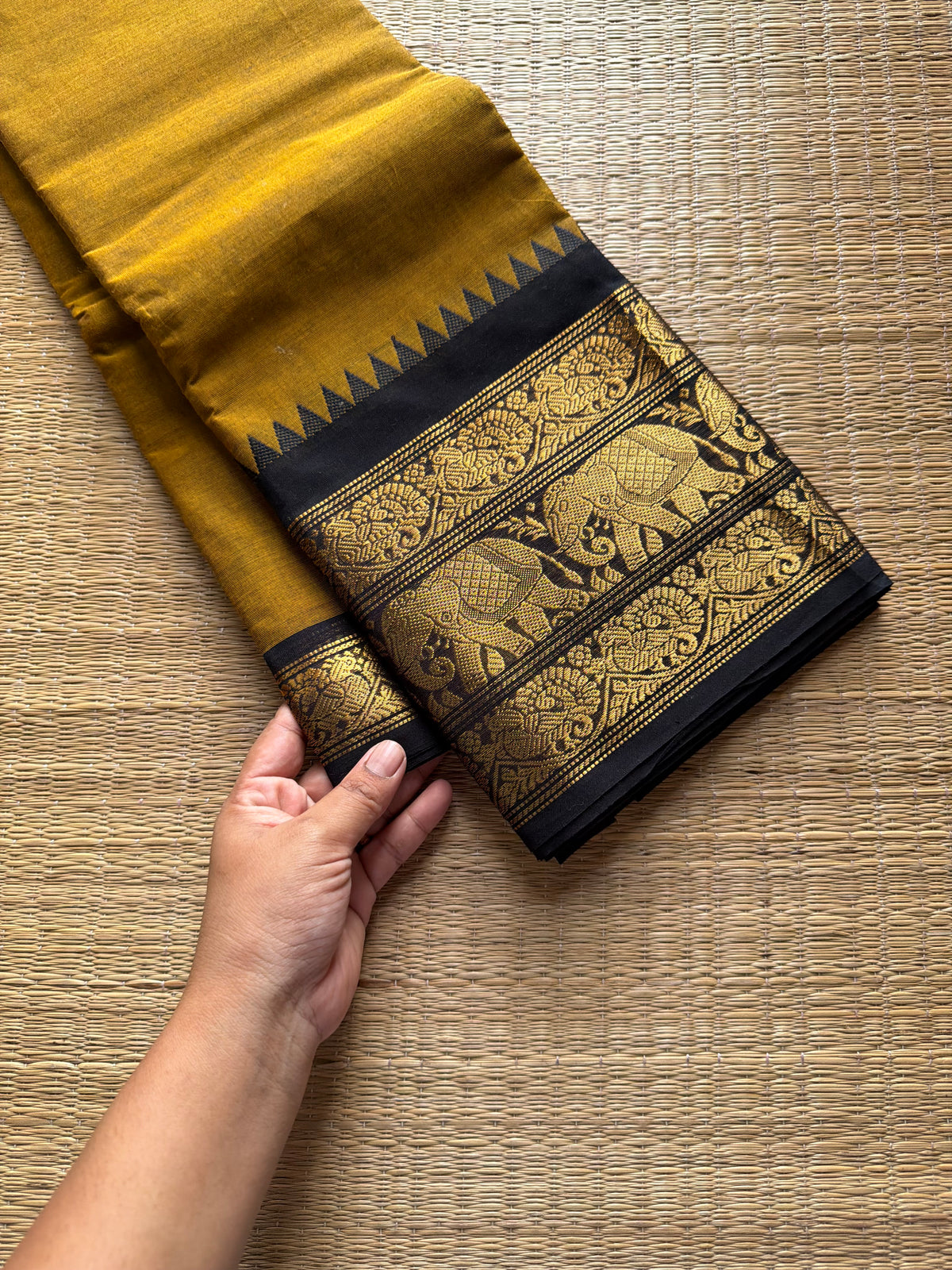 RF964 Mustard with black combination Kanchi cotton saree