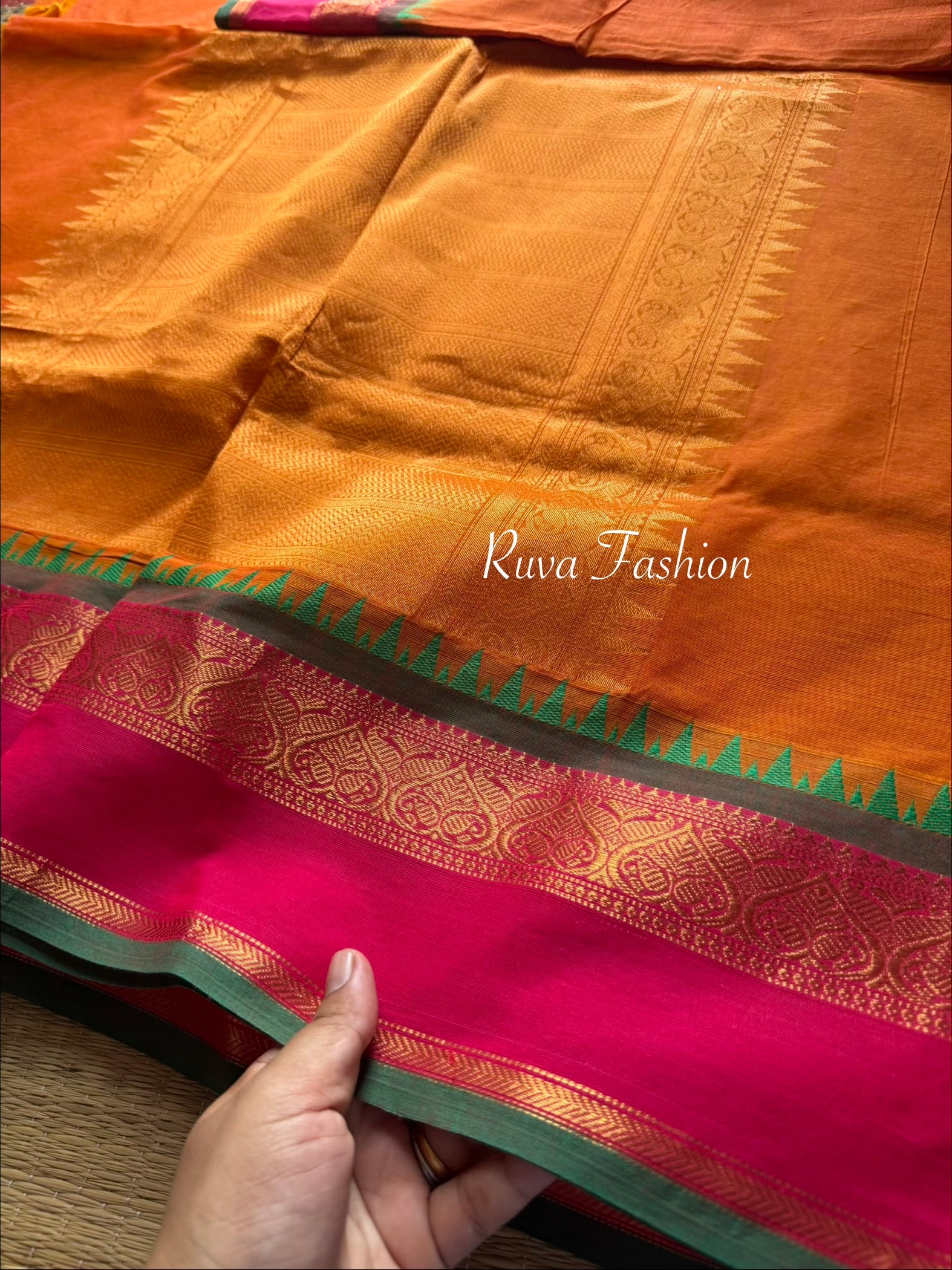 Orange with pink and green combination Kanchi cotton saree with rich Zari woven Pallu and handmade golden Zari Buttas