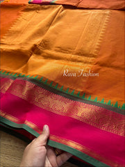 Orange with pink and green combination Kanchi cotton saree with rich Zari woven Pallu and handmade golden Zari Buttas