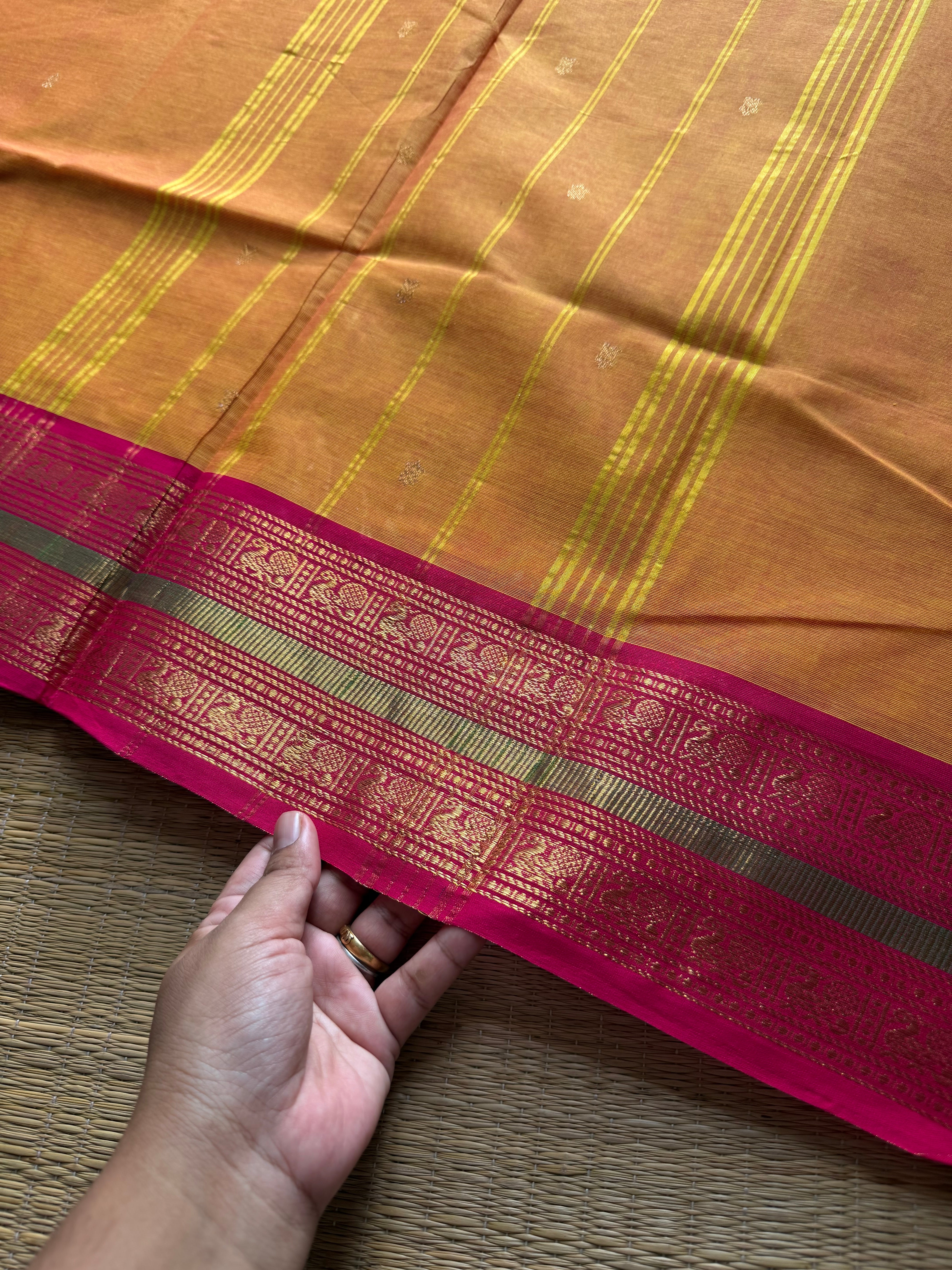 RF731 Mango shade Kanchi cotton saree with handmade golden Zari buttas
