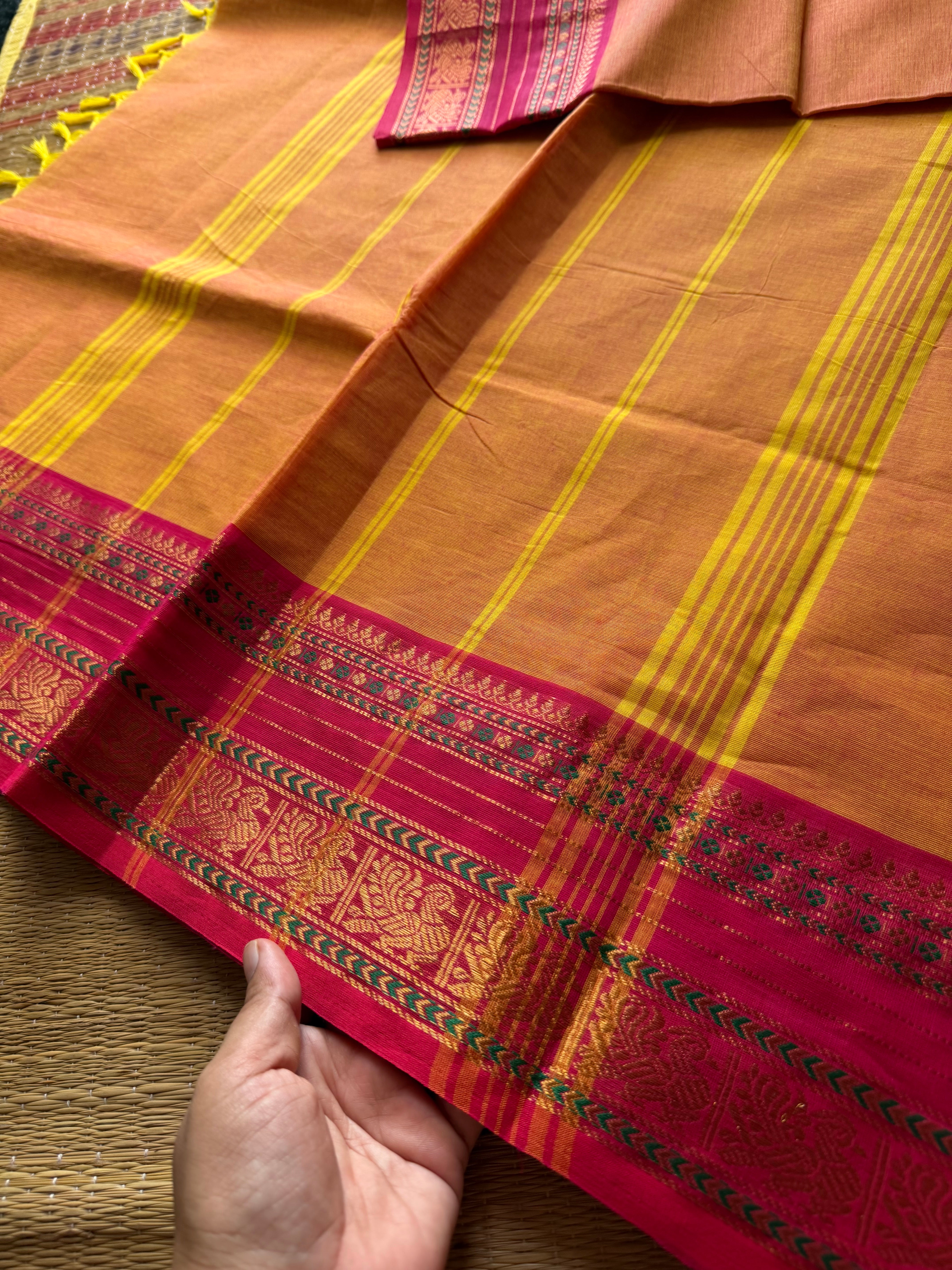 RF551 Mango Shade Kanchi Cotton Saree with contrast Annam pattern unique border