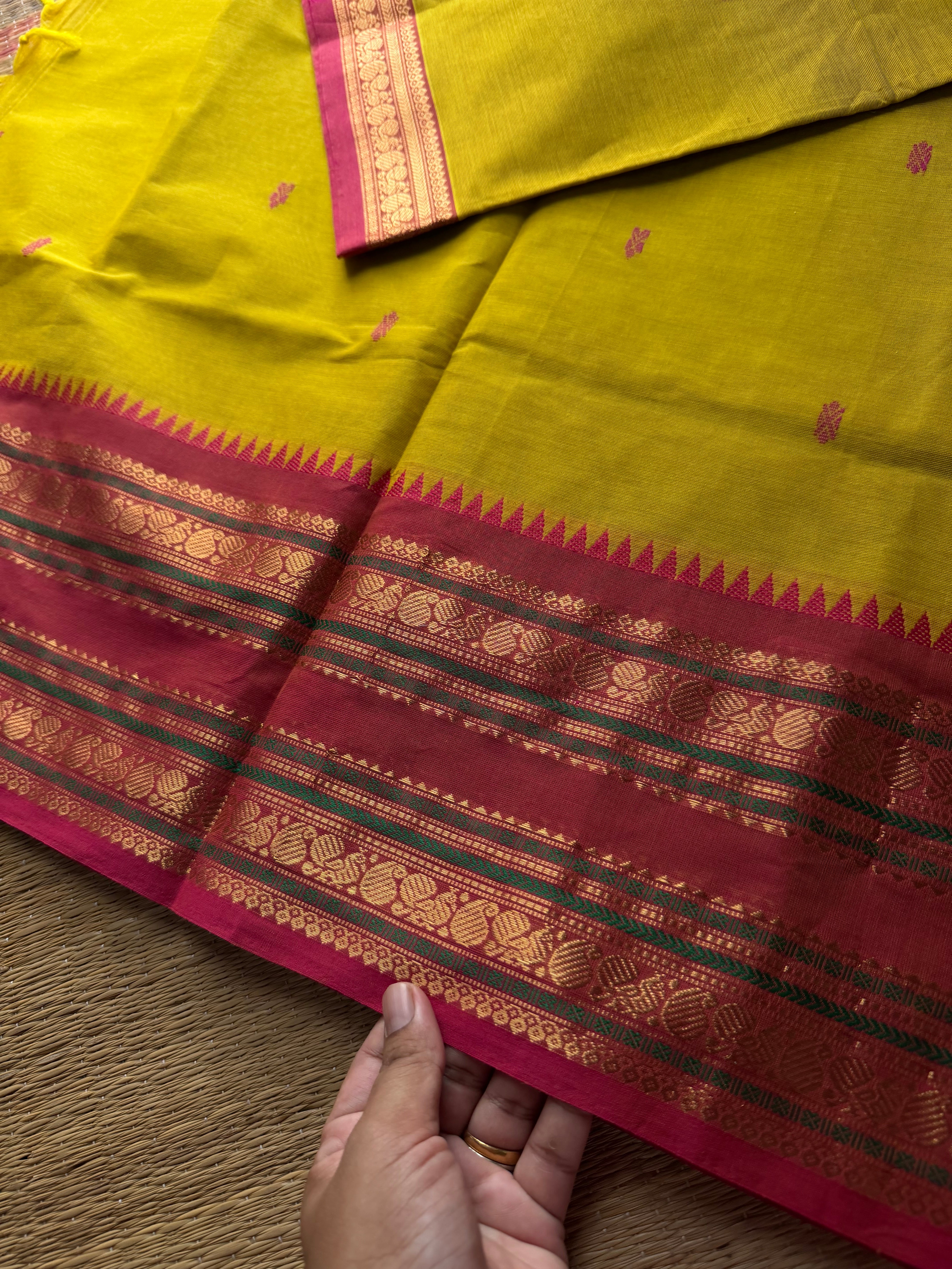 RF796 Mustard yellow with pinkish peach combination Kanchi cotton saree with handmade thread buttas