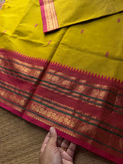 RF796 Mustard yellow with pinkish peach combination Kanchi cotton saree with handmade thread buttas