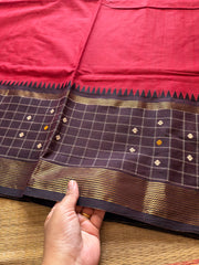 RF246 Reddish maroon with brown combination kanchi cotton saree with Vintage Style Border kattam checks pattern & handwoven Buttas on the border