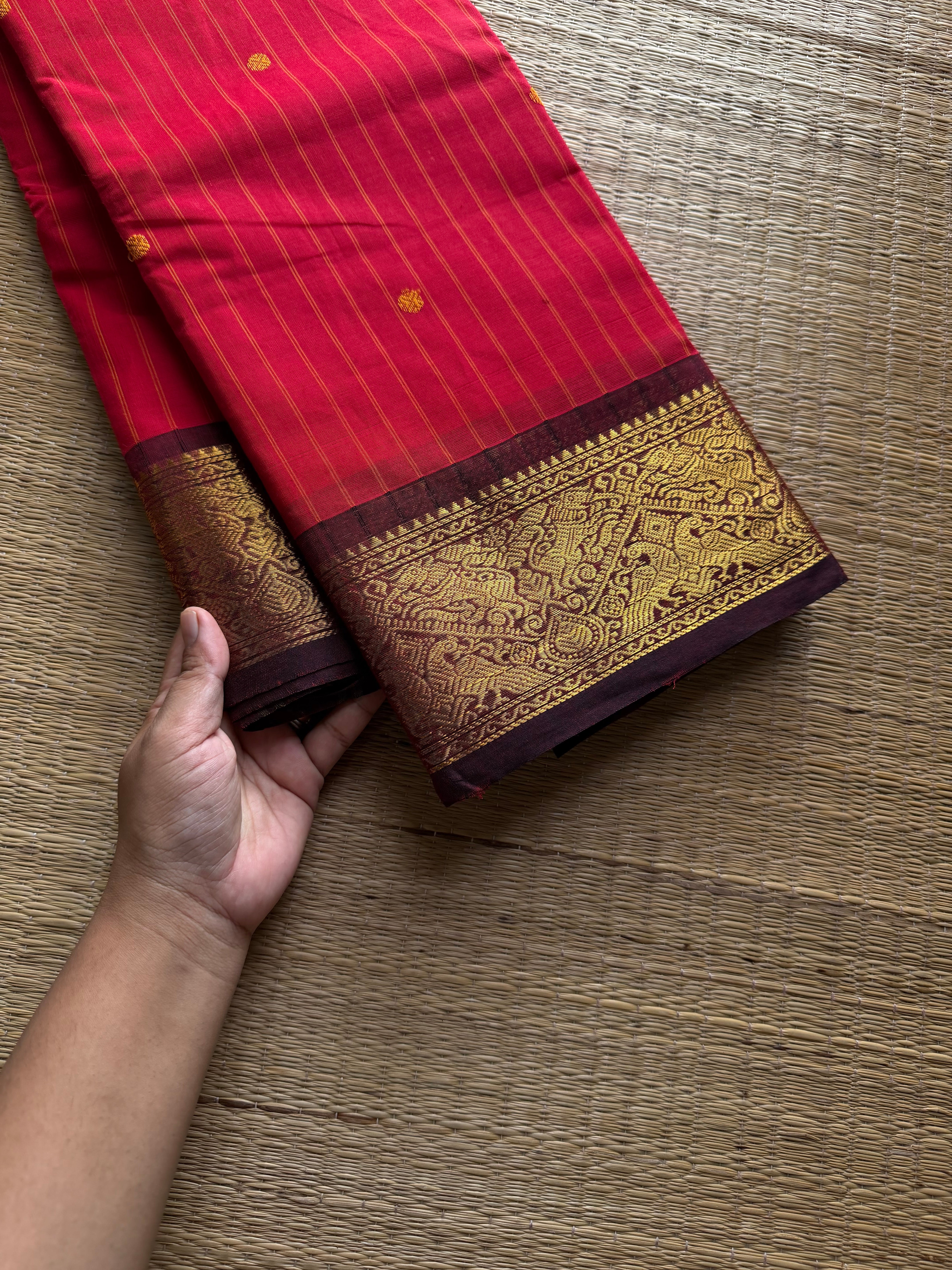 RF1260 Chilli red with brown ~ Premium Kanchi cotton saree with Vanasingaram border and handmade thread buttas