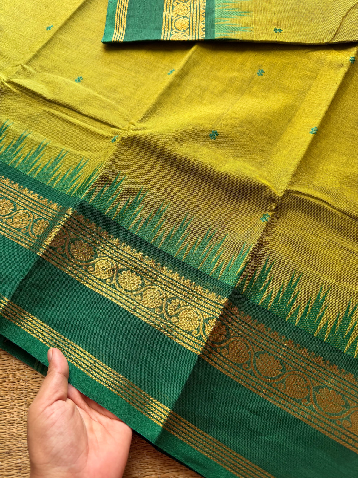 RF325 Green with dark green combination Thazhampoo pattern Kanchi cotton saree with handmade thread buttas