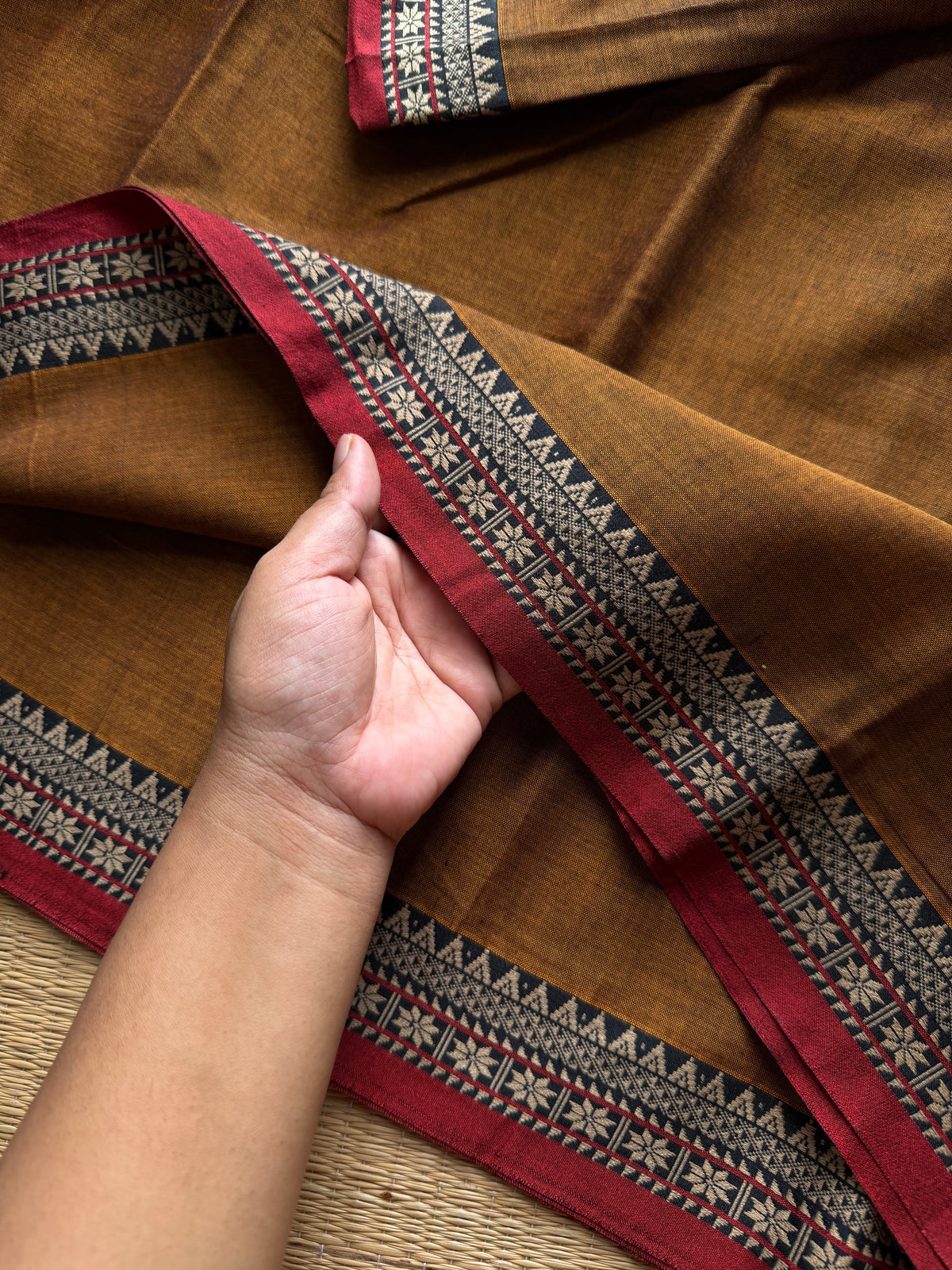RF1032 Honey shade ~ Mercerised Narayanpet Cotton Saree with small contrast thread border