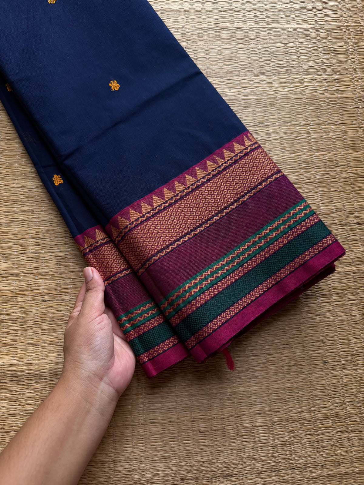 RF802 Navy blue shade thread border Kanchi cotton saree with handmade thread buttas