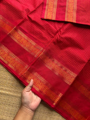 RF1018 Kattam Edition ~ Chilli red Premium Kanchi Cotton Saree with Minimal Zari & checks pattern