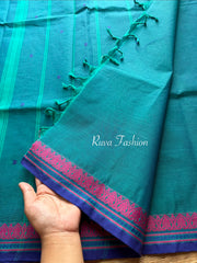 RF5 peacock Blue Soft Kanchi Cotton Saree With small thread border and handwoven thread buttas - RF5