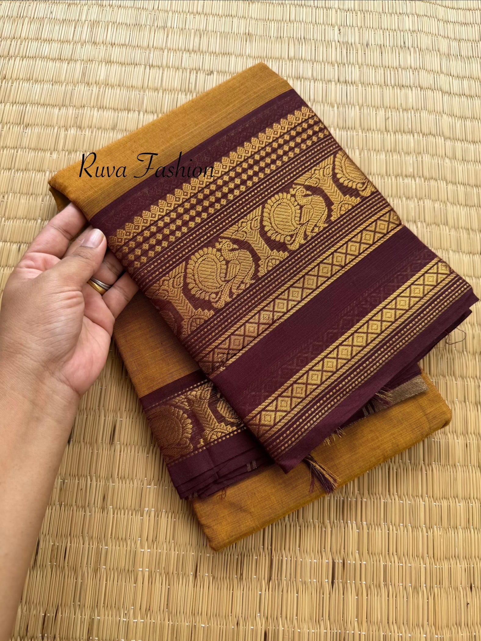 RF174 Dark Mustard shade with contrast maroon combination Kanchi cotton saree