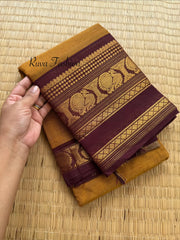 RF174 Dark Mustard shade with contrast maroon combination Kanchi cotton saree