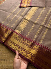 RF710 Dual tone biscuit shade with brown ~ Medium Size Border Kanchi Cotton Saree