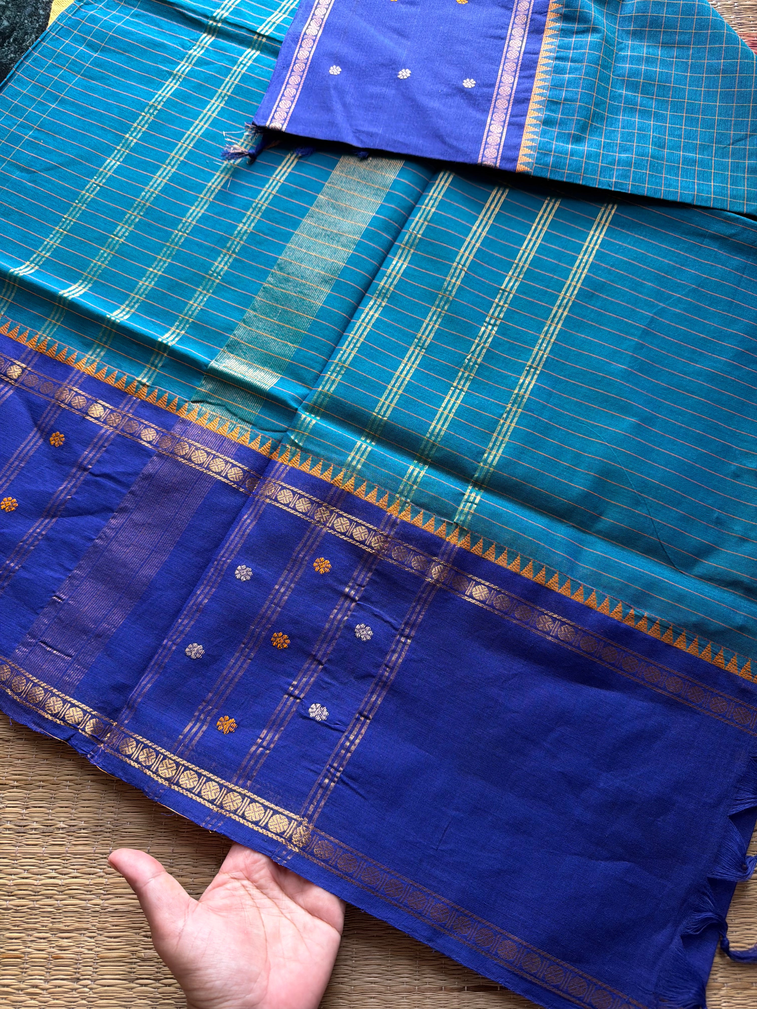 Peacock Blue shade kanchi cotton saree with Vintage Style Border kattam checks pattern & handwoven Buttas on the border