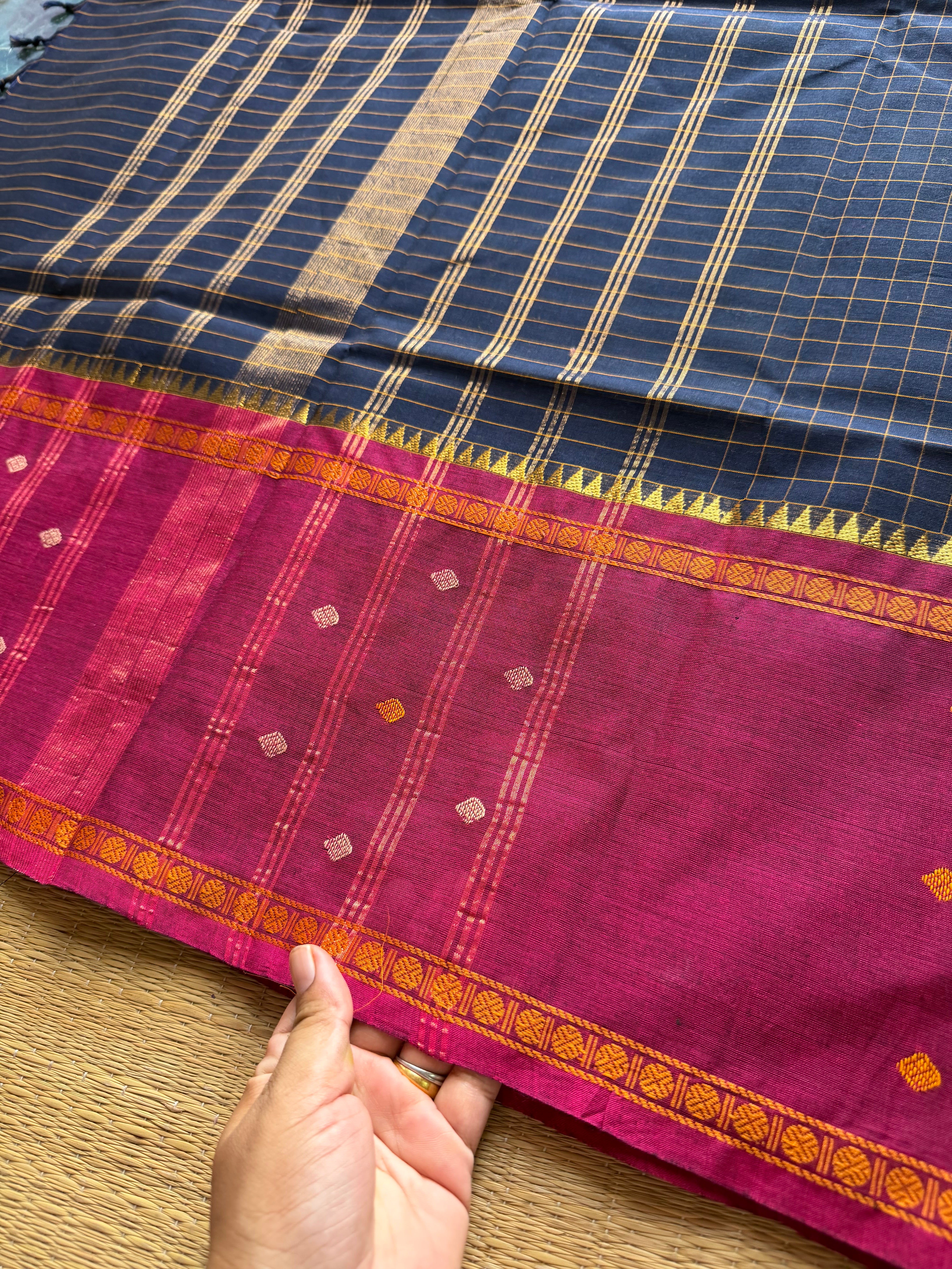 Navy blue shade Vintage Border Kanchi Cotton Saree With kattam / checks pattern & handwoven Buttas on the border