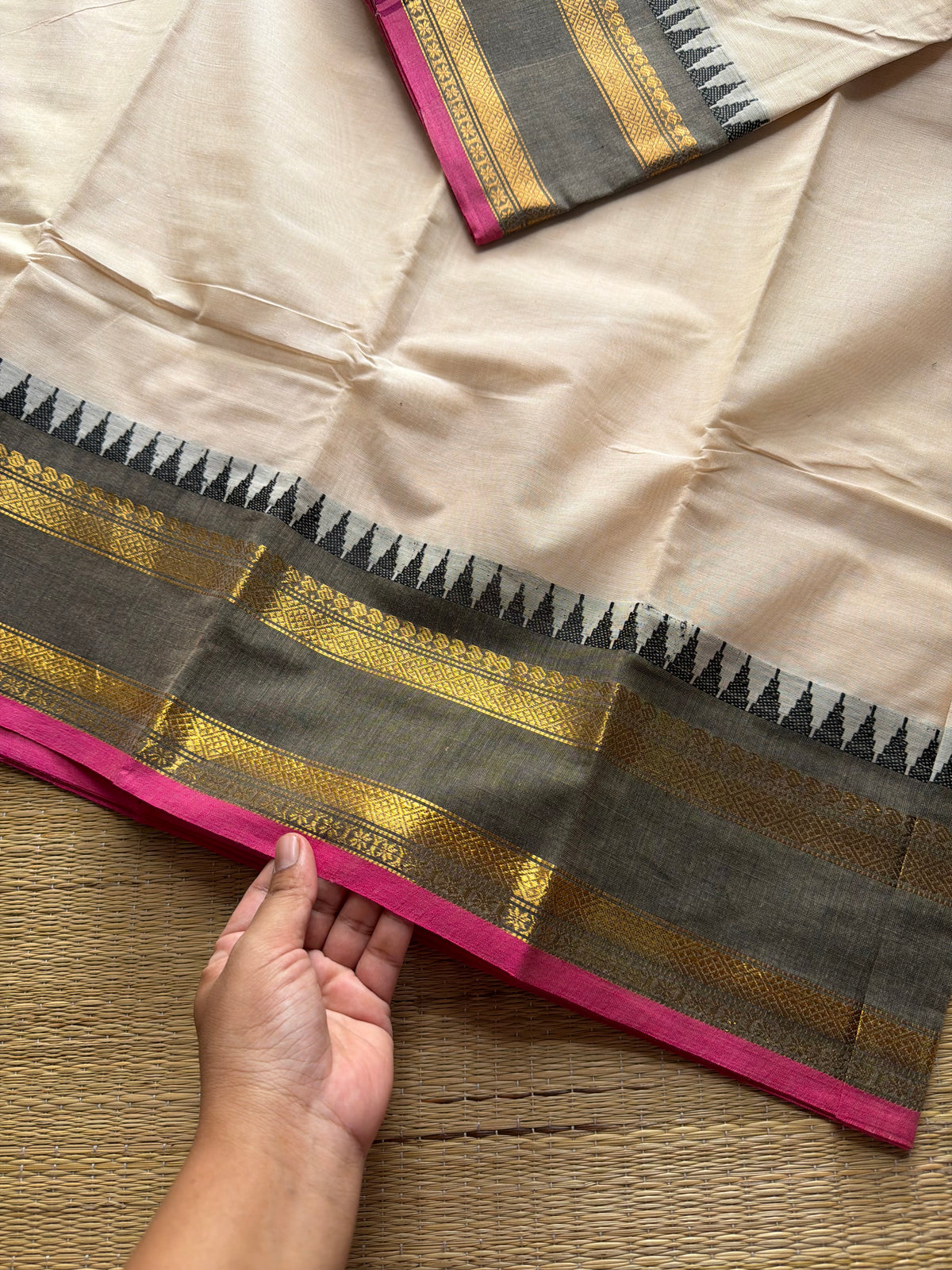 RF399 Half White with grey combination Kanchi cotton saree