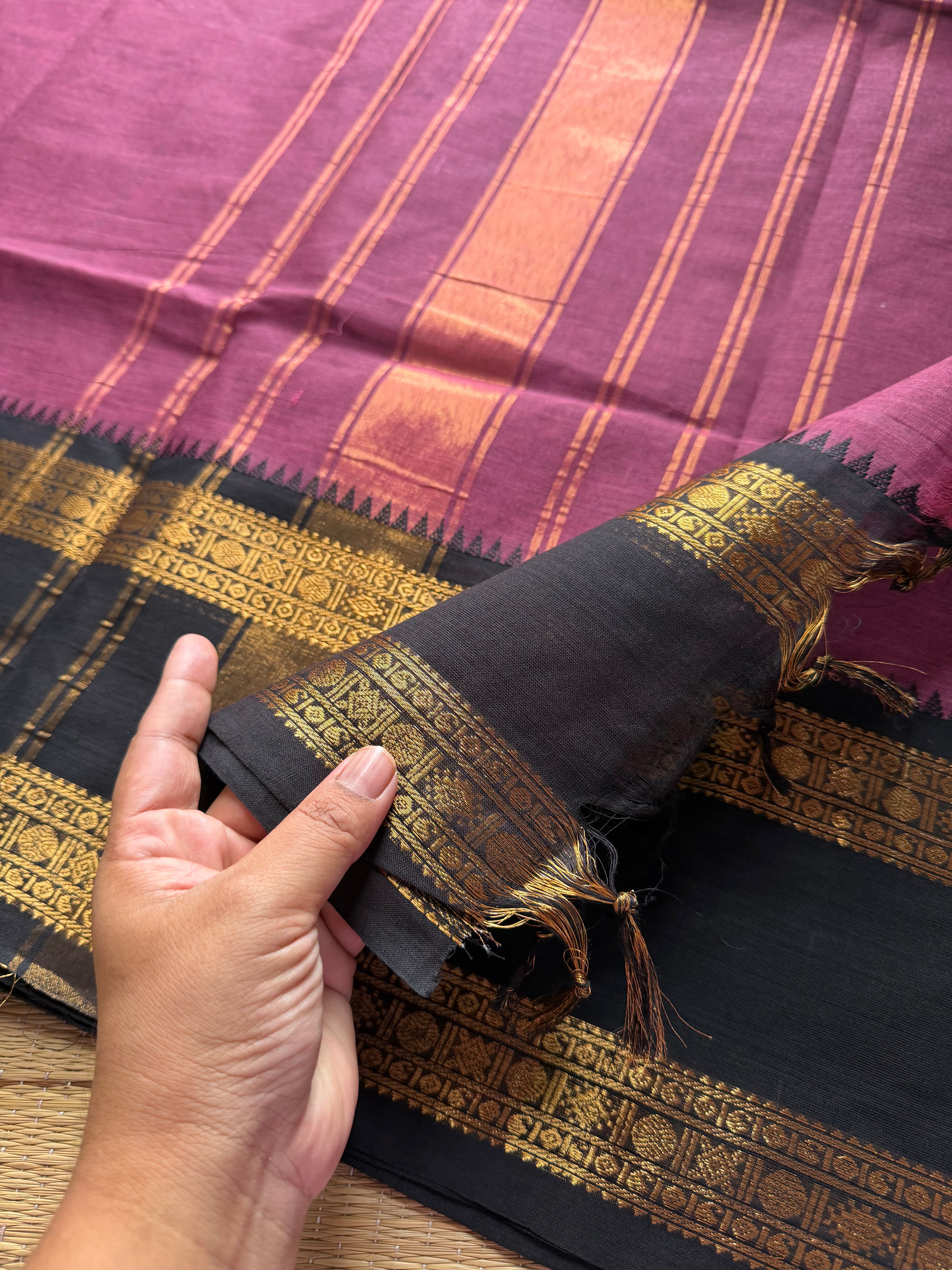RF272 Dark Onion Pink Shade Kanchi Cotton Saree With Ganga Jamuna Border