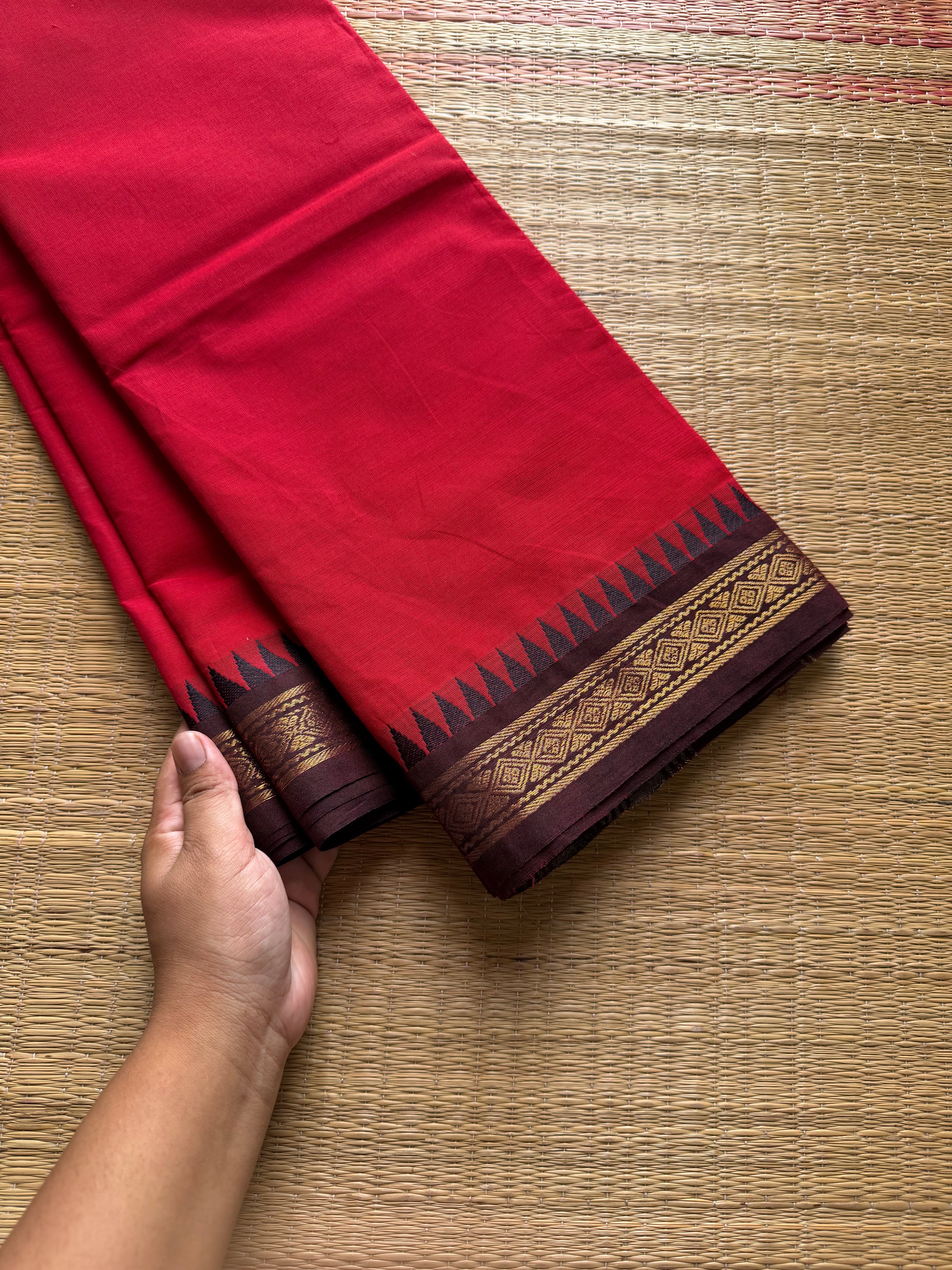 RF1000 Chilli red with brown ~ Small border Kanchi cotton saree