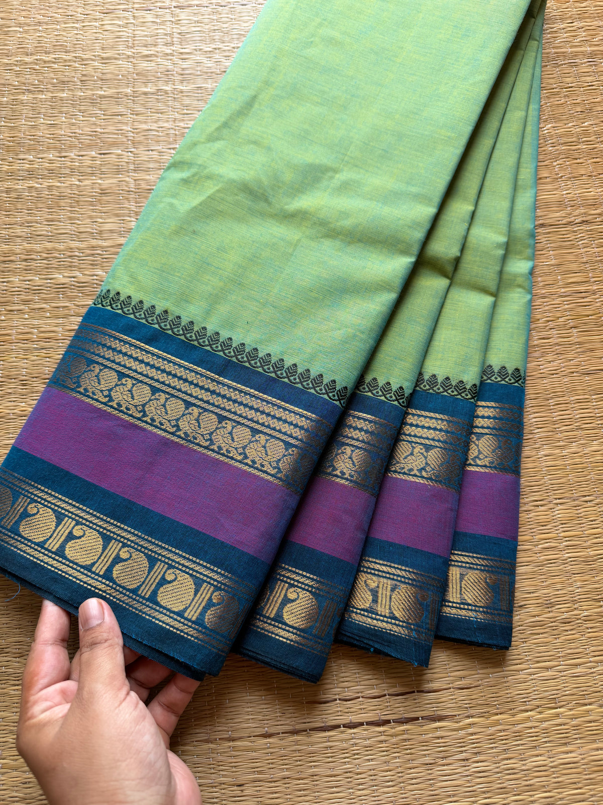 RF276 Dual tone Turquoise green shade Kanchi cotton saree with unique Rettapet border