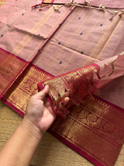 RF243 Light onion pink shade with maroon combination Kanchi cotton saree with handmade thread buttas