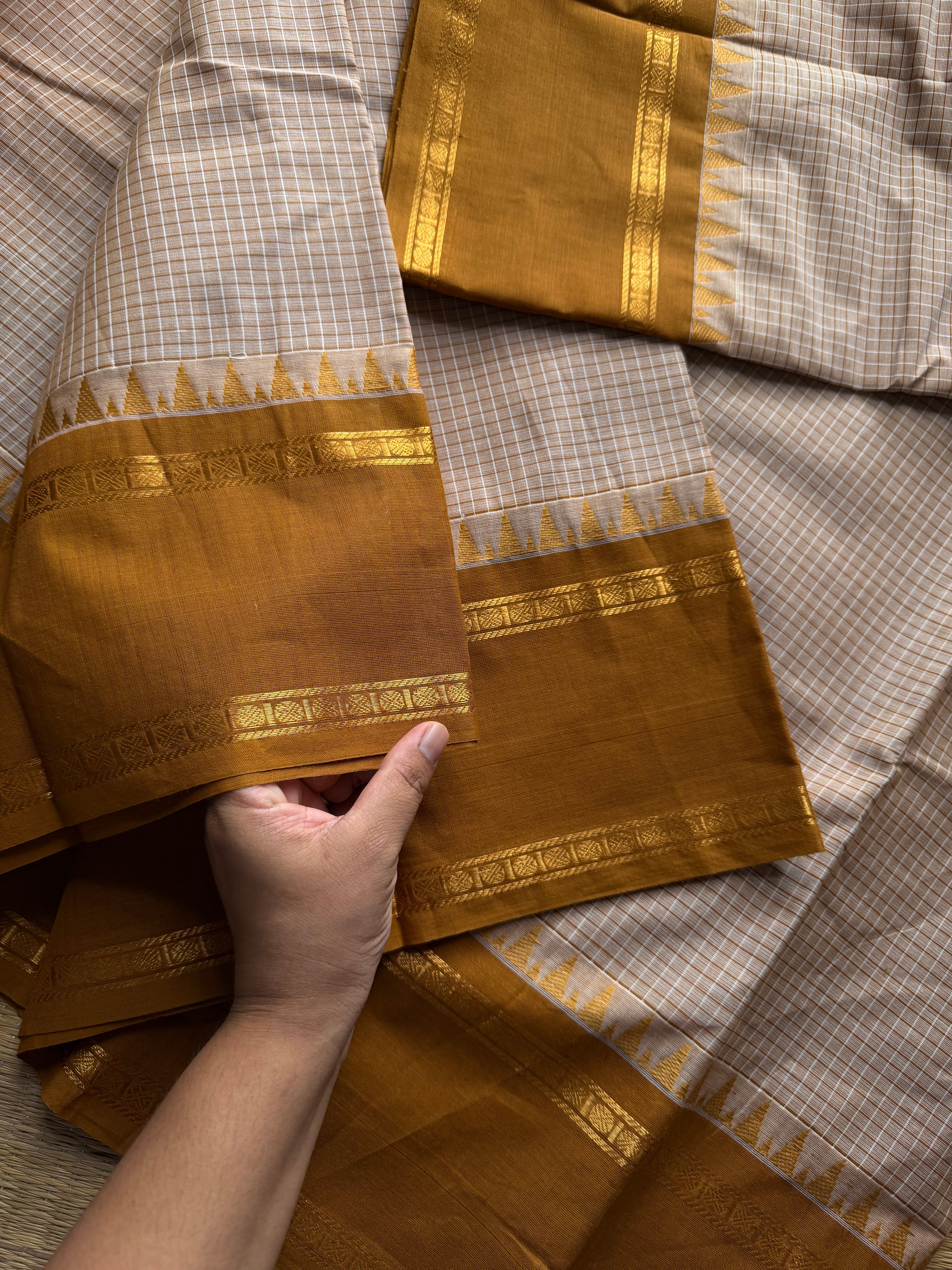 RF580 Premium Vintage Podi Kattam Kanchi Cotton saree ~ Beige Shade