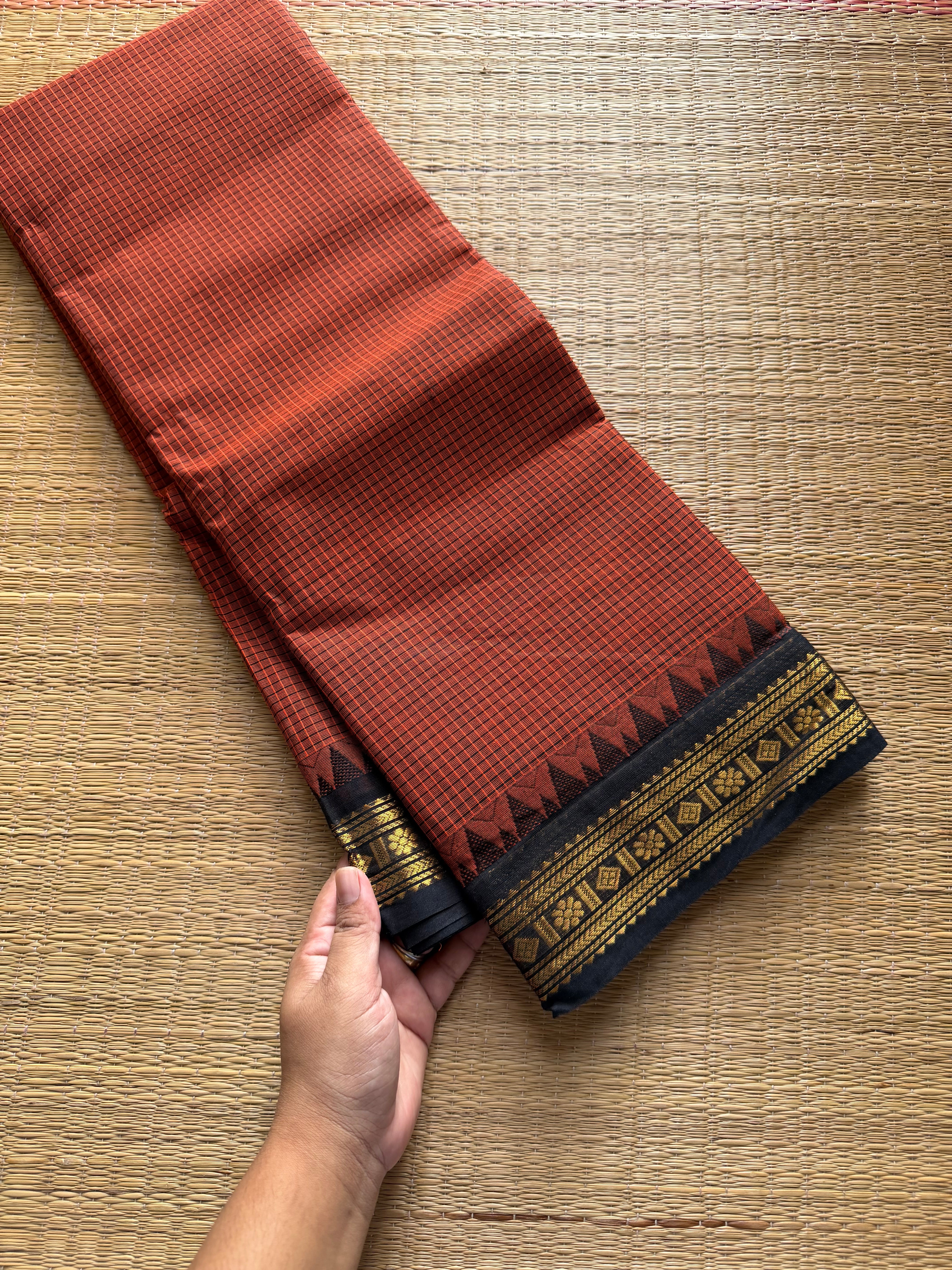 RF698 Rustic orange with black combination vintage Podikattam Kanchi cotton saree with small border