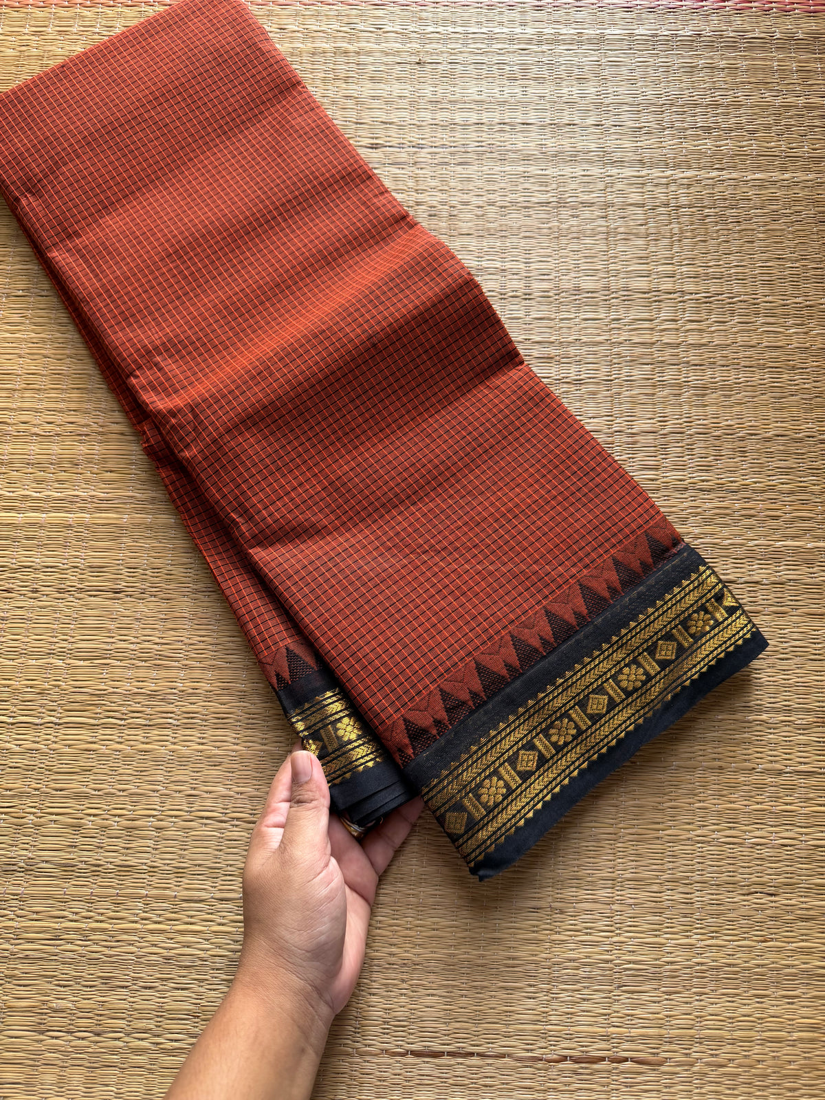 RF698 Rustic orange with black combination vintage Podikattam Kanchi cotton saree with small border