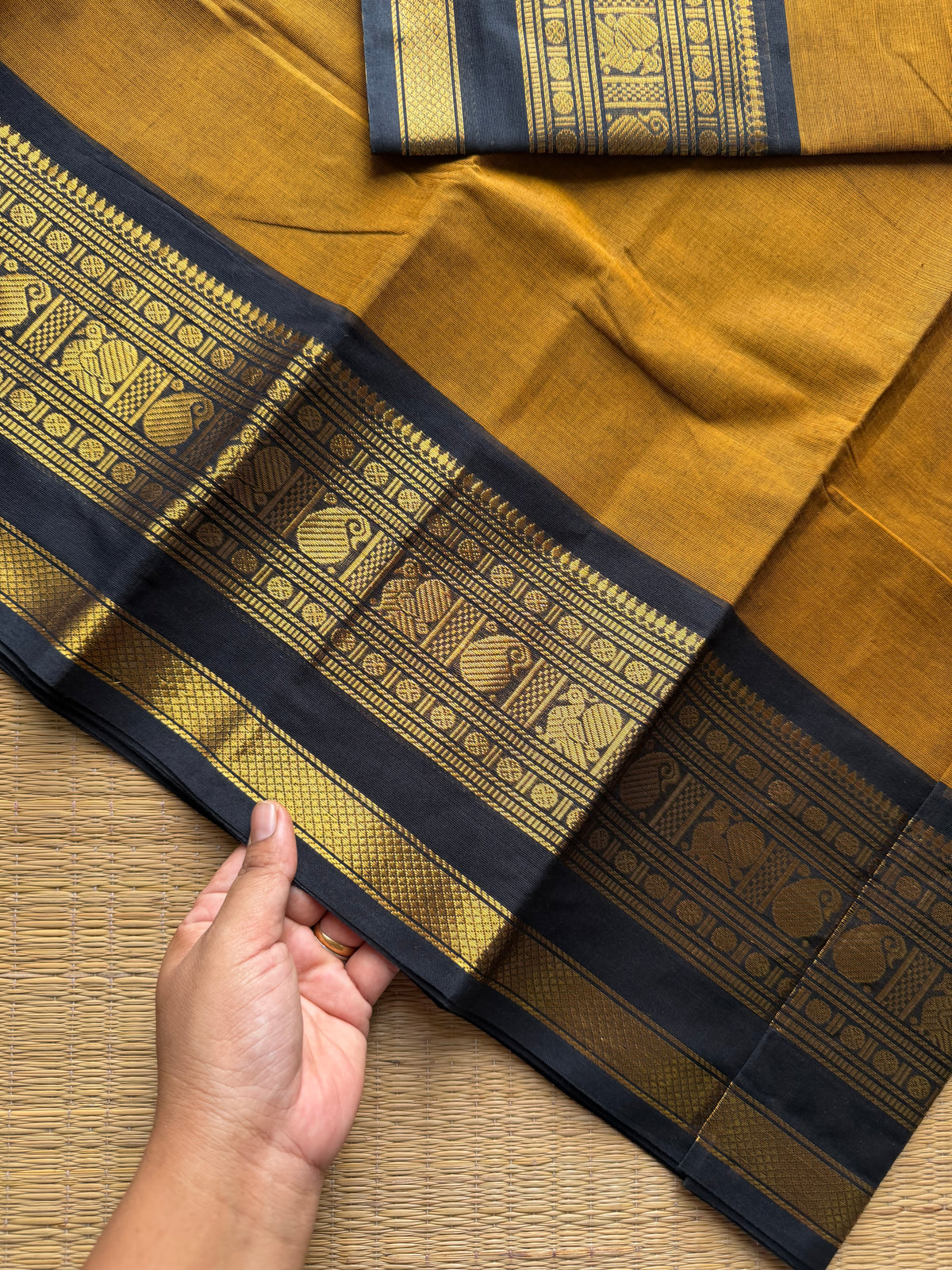 RF1157 Mustard with black Kanchi cotton saree