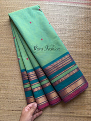 Dual tone apple green shade Kanchi cotton saree with silk saree inspired varisaipet border & handmade thread buttas