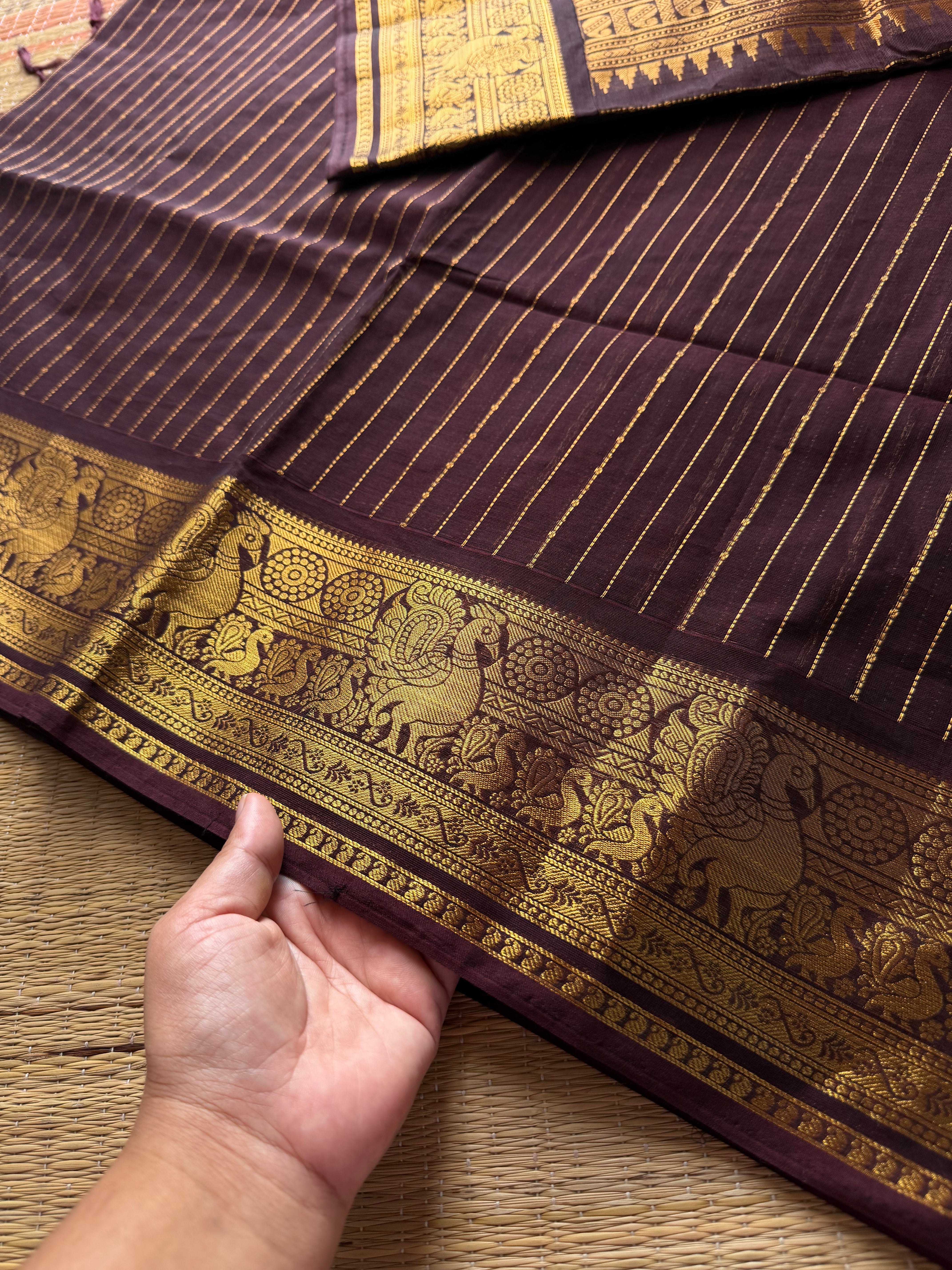 RF660 Rich Pallu Kanchi Cotton Saree with Vairaoosi Pattern ~ Monotone deep coffee brown