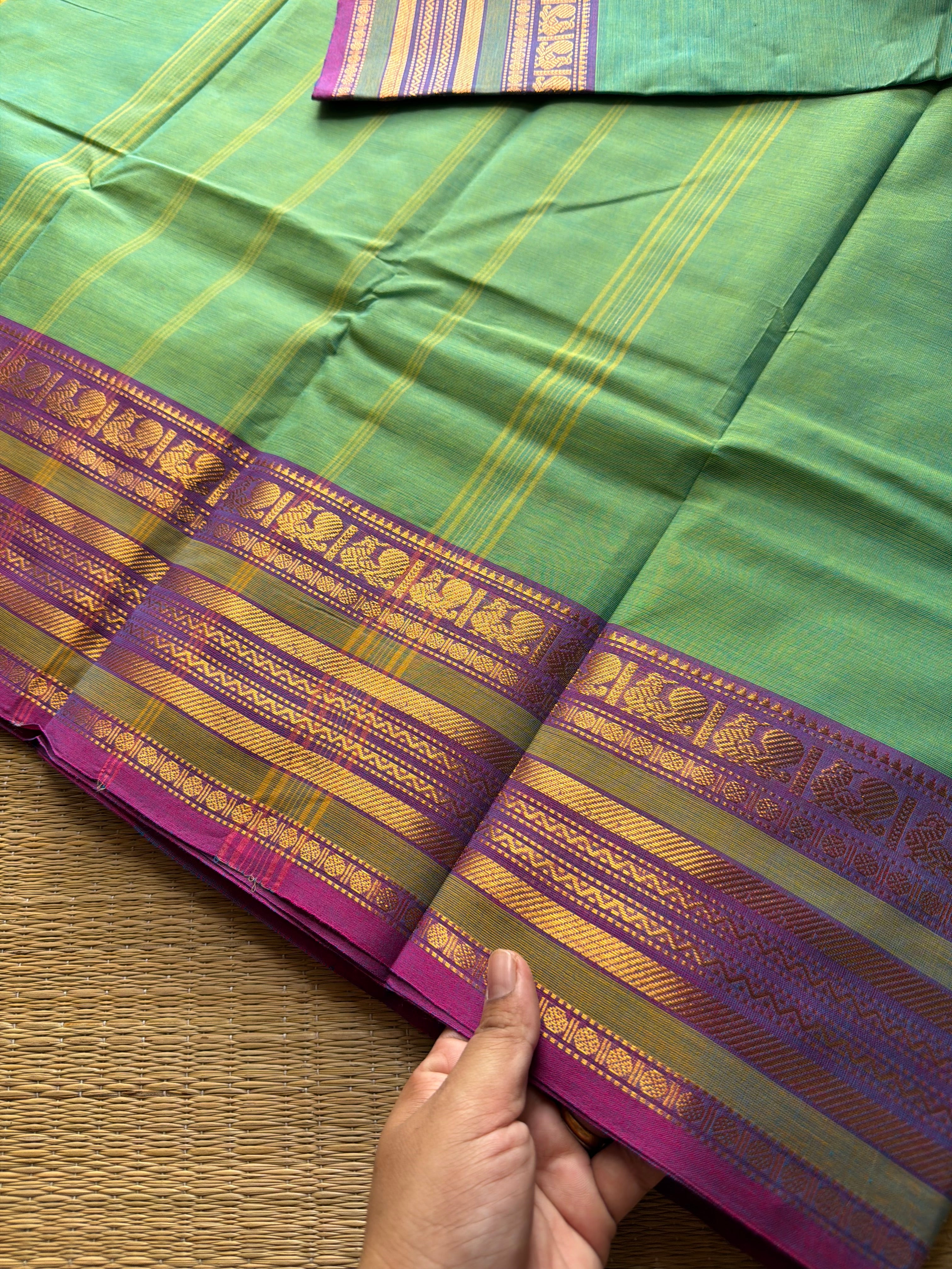 RF503 Dual tone Apple green shade Kanchi cotton saree with silk saree inspired lavender shade Varisaipet  border
