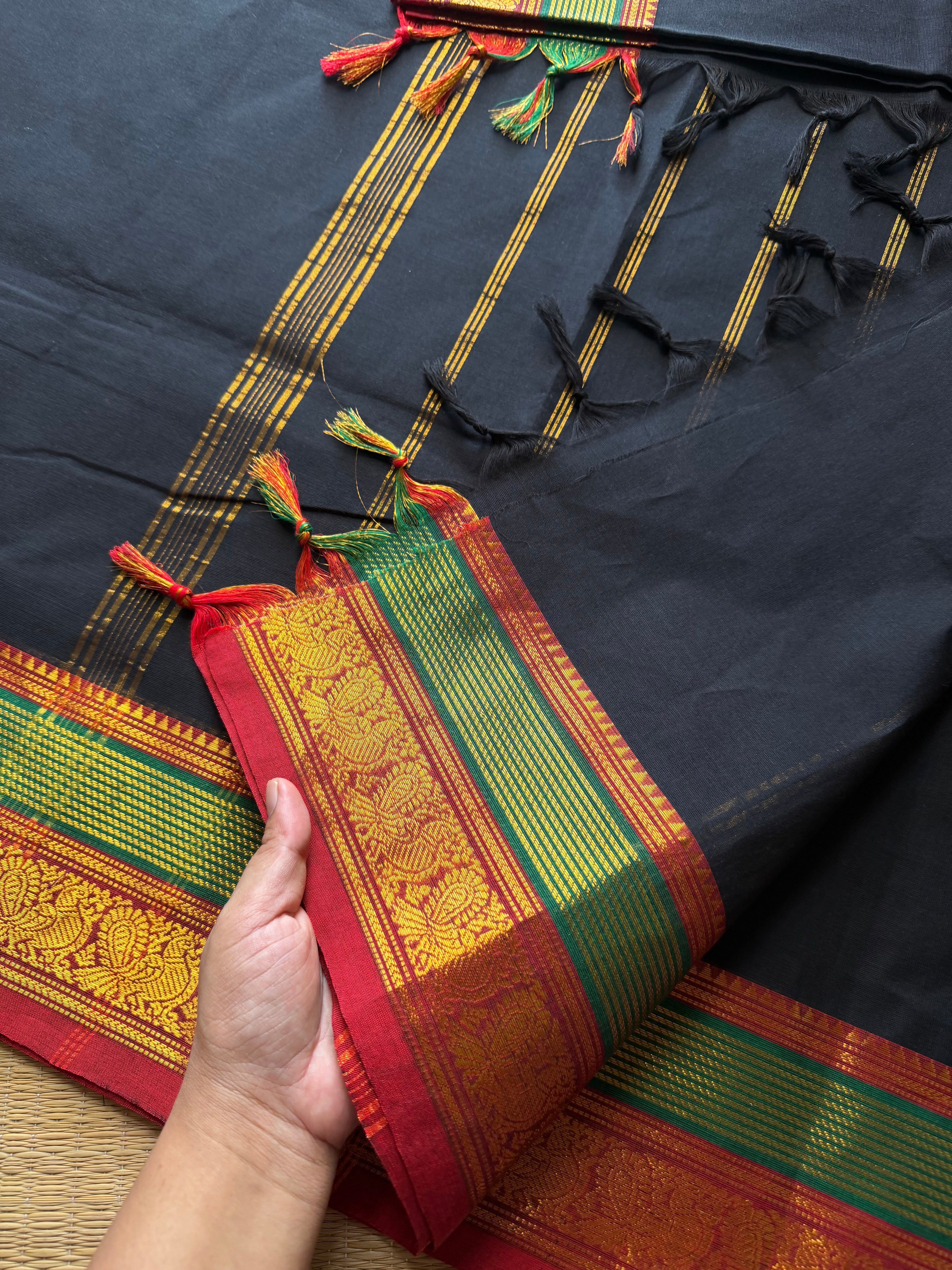 RF519 Black with red and green combination Kanchi cotton saree with unique border