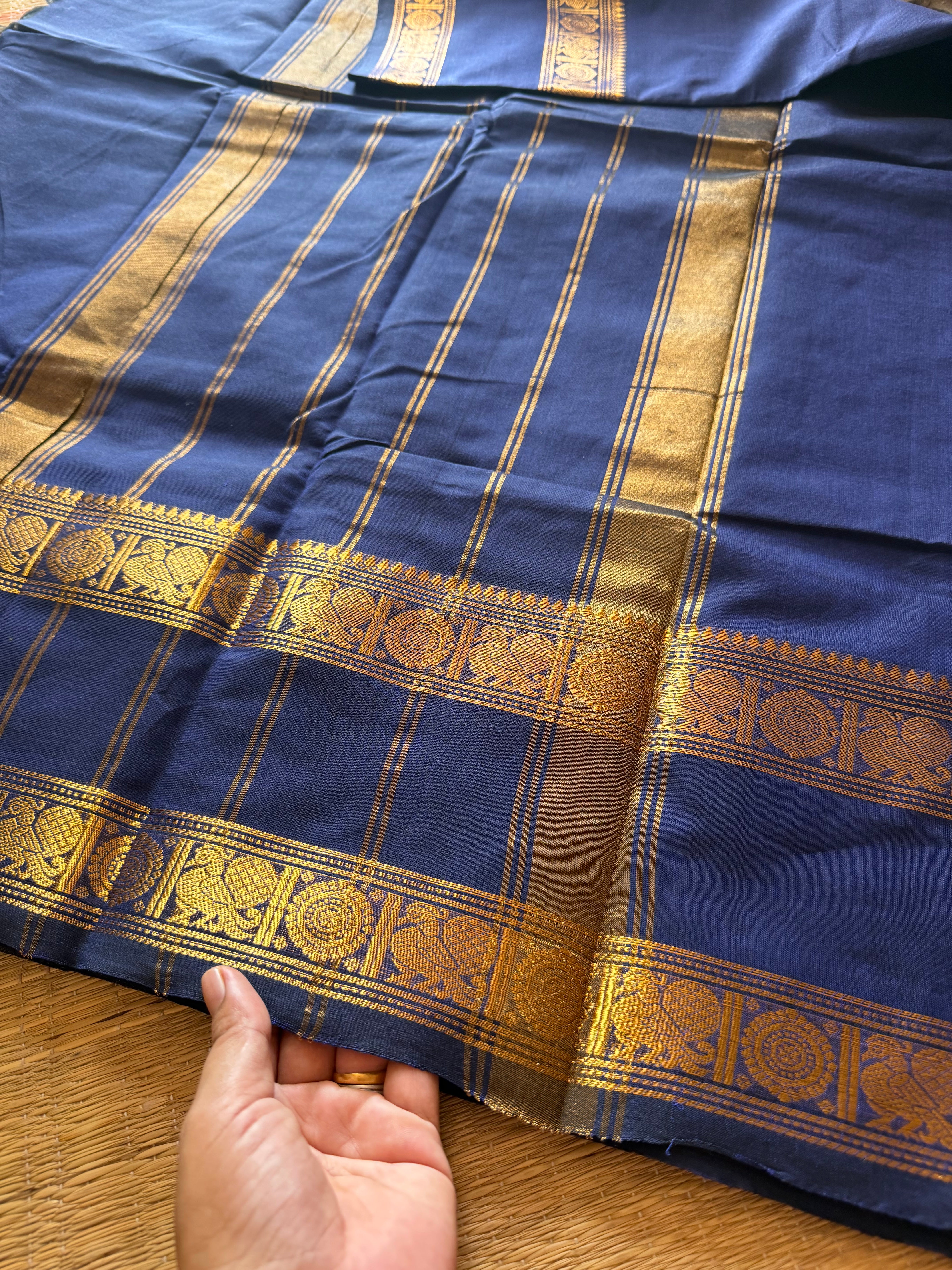 RF200 Monotone Royal Blue Shade Kanchi Cotton Saree With elegant Rettapet border