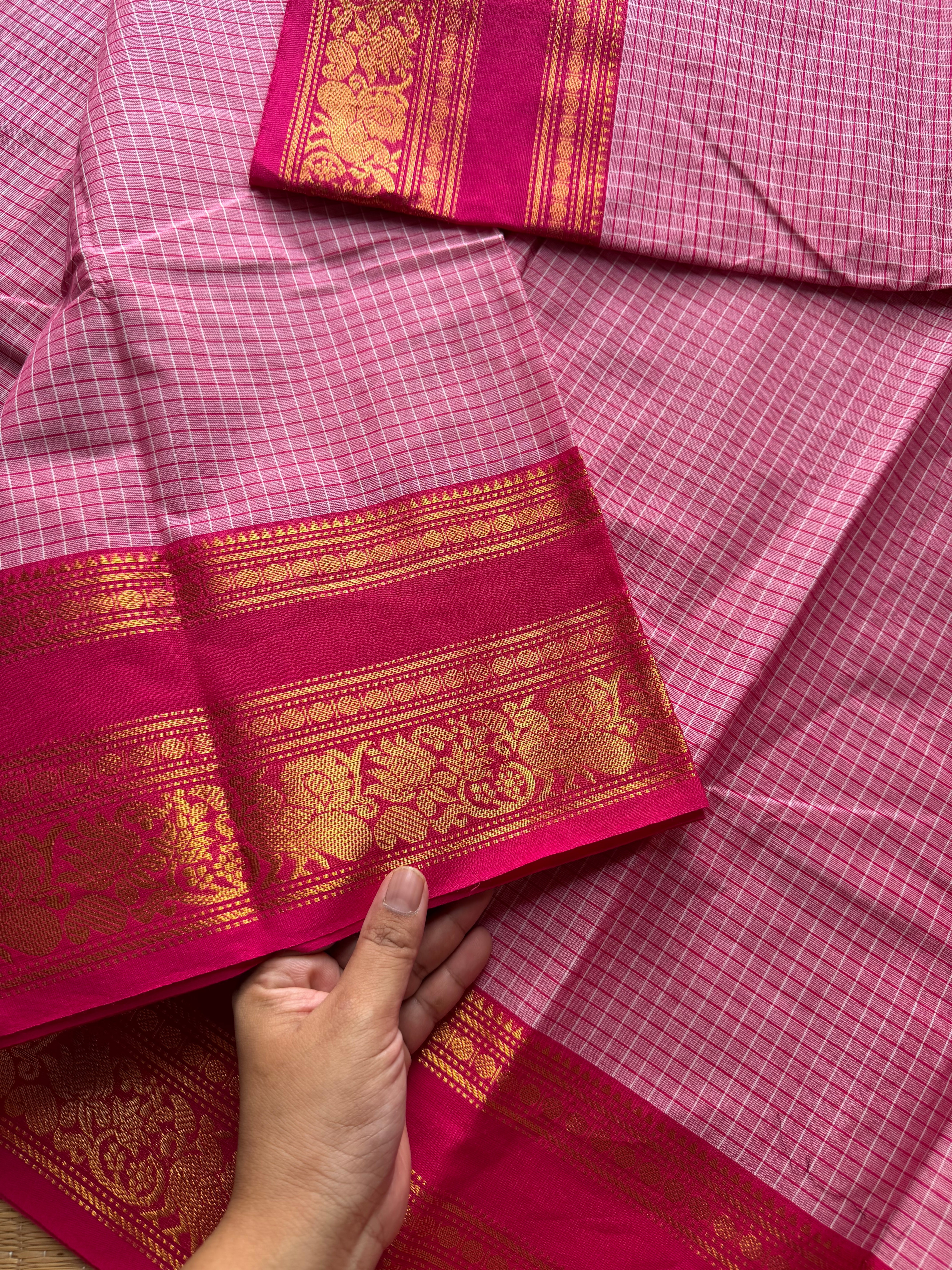 RF543 Pastel pink with contrast dark pink combination checks / kattam pattern Kanchi cotton saree unique  with floral pattern contrast zari border