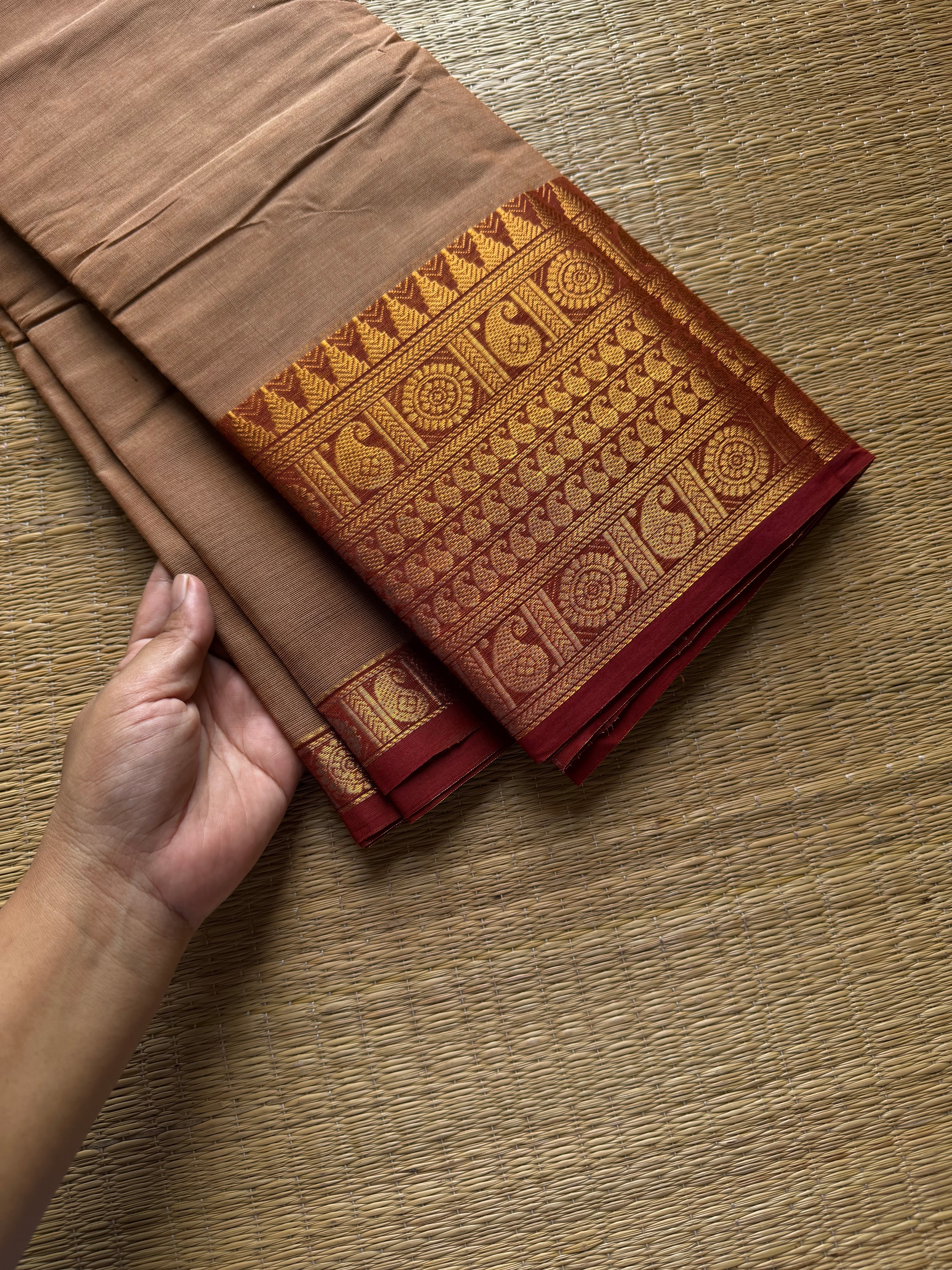 RF813 Beige shade Kanchi cotton saree with contrast mango pattern Zari border